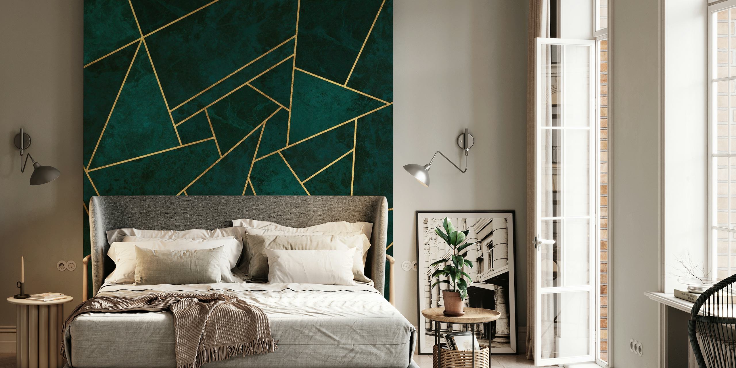 Luxury Deep Teal Stone Mosaic wall mural with gold accents