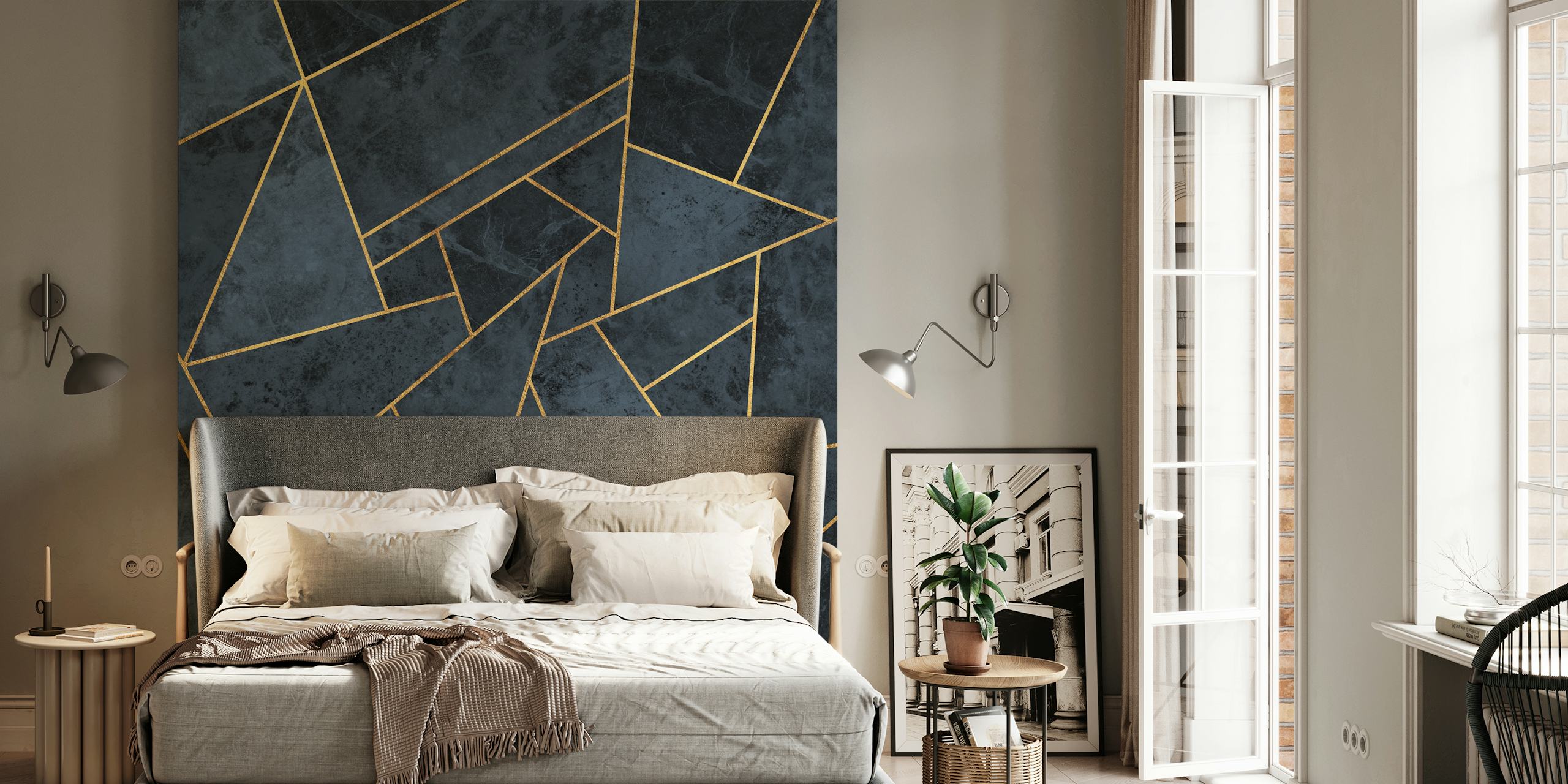 Sanftes blaues abstraktes Mosaikfliesen-Wandbild mit goldenen Linien