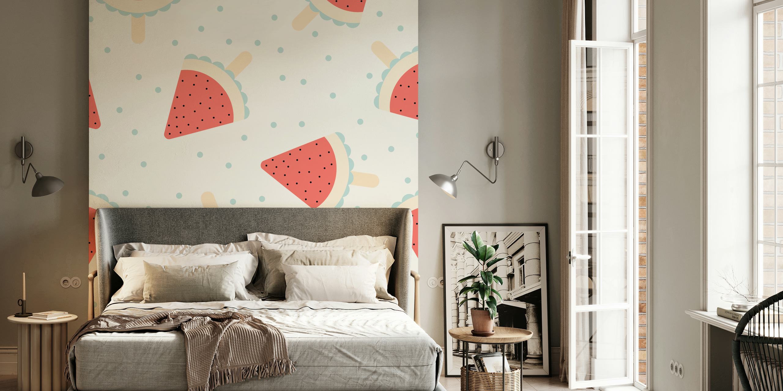 Fototapeta Watermelon Popsicle vzor s modrými tečkami na bílém pozadí