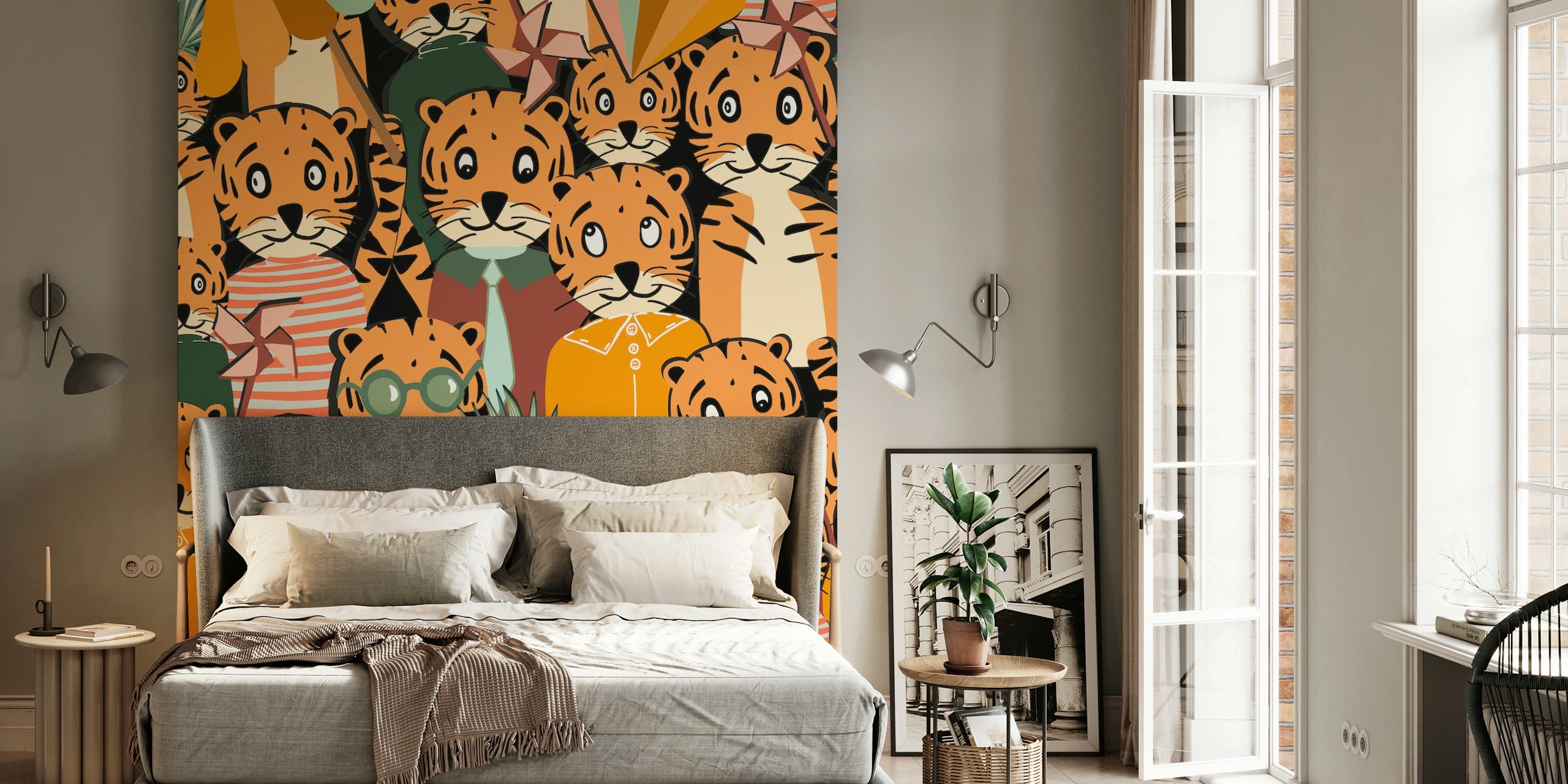Cute tiger characters in orange and green colors wallpaper