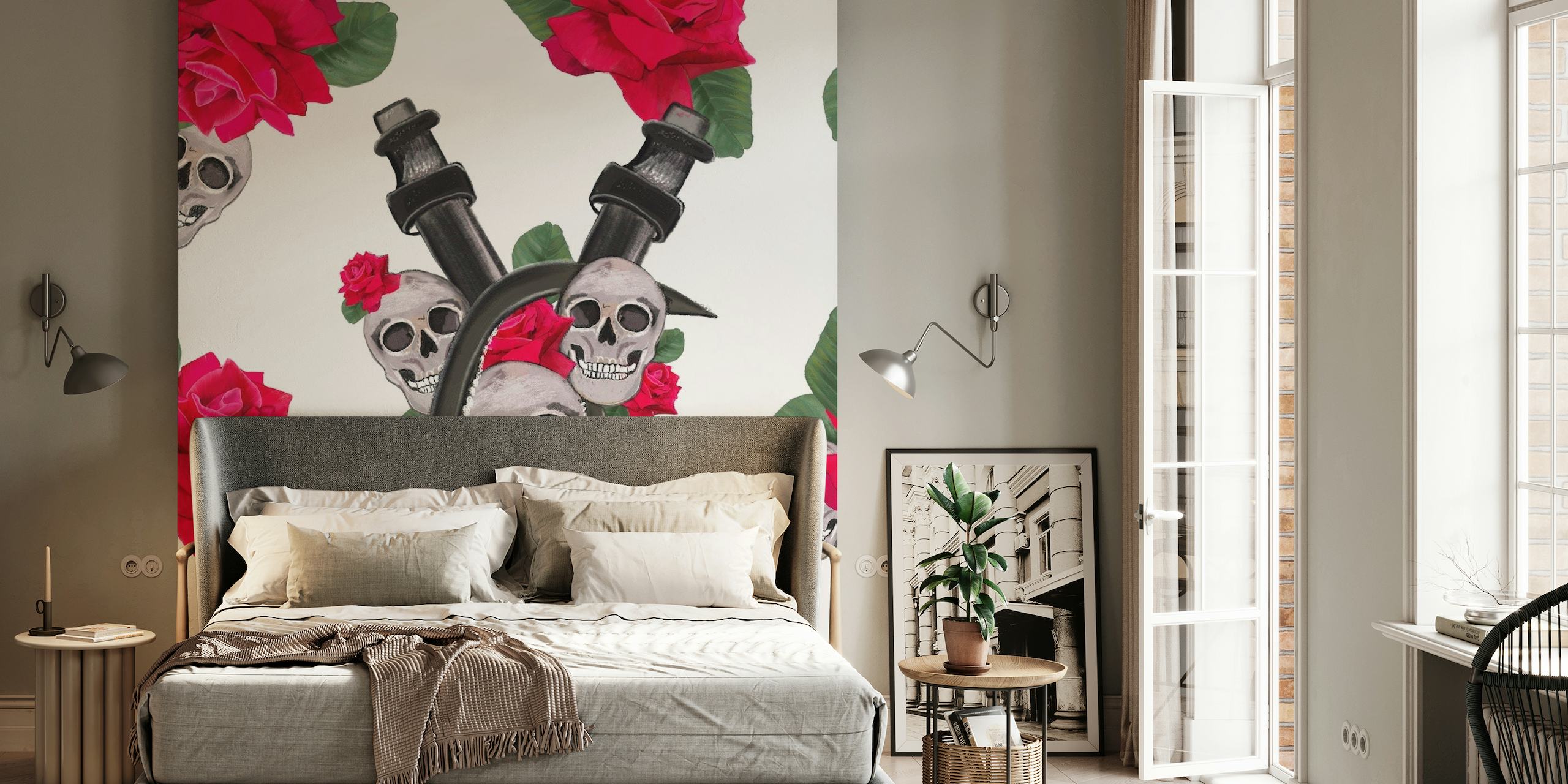 Skull With Red Roses White wallpaper