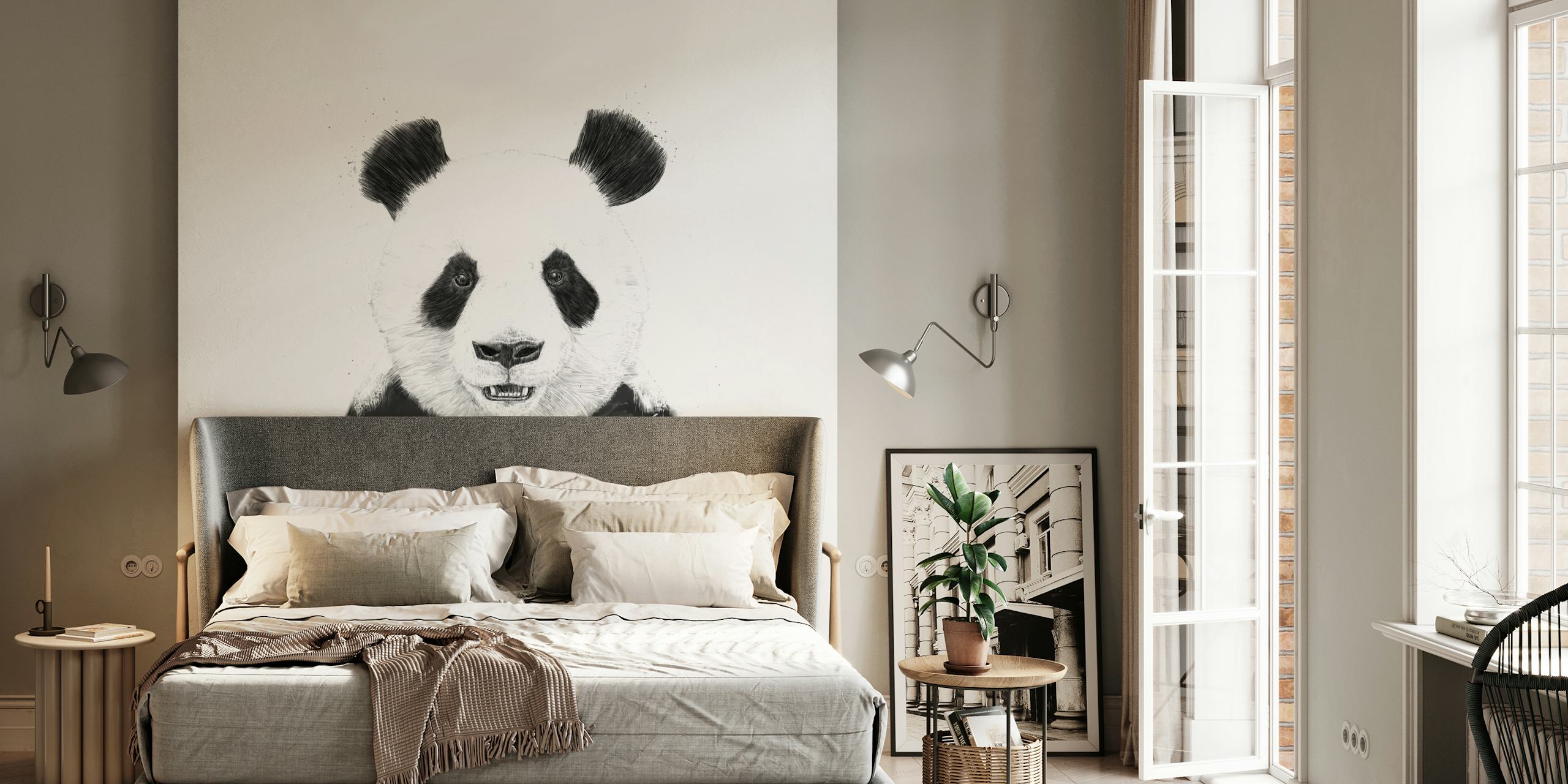 Zombie panda illustration in black and white style wallpaper