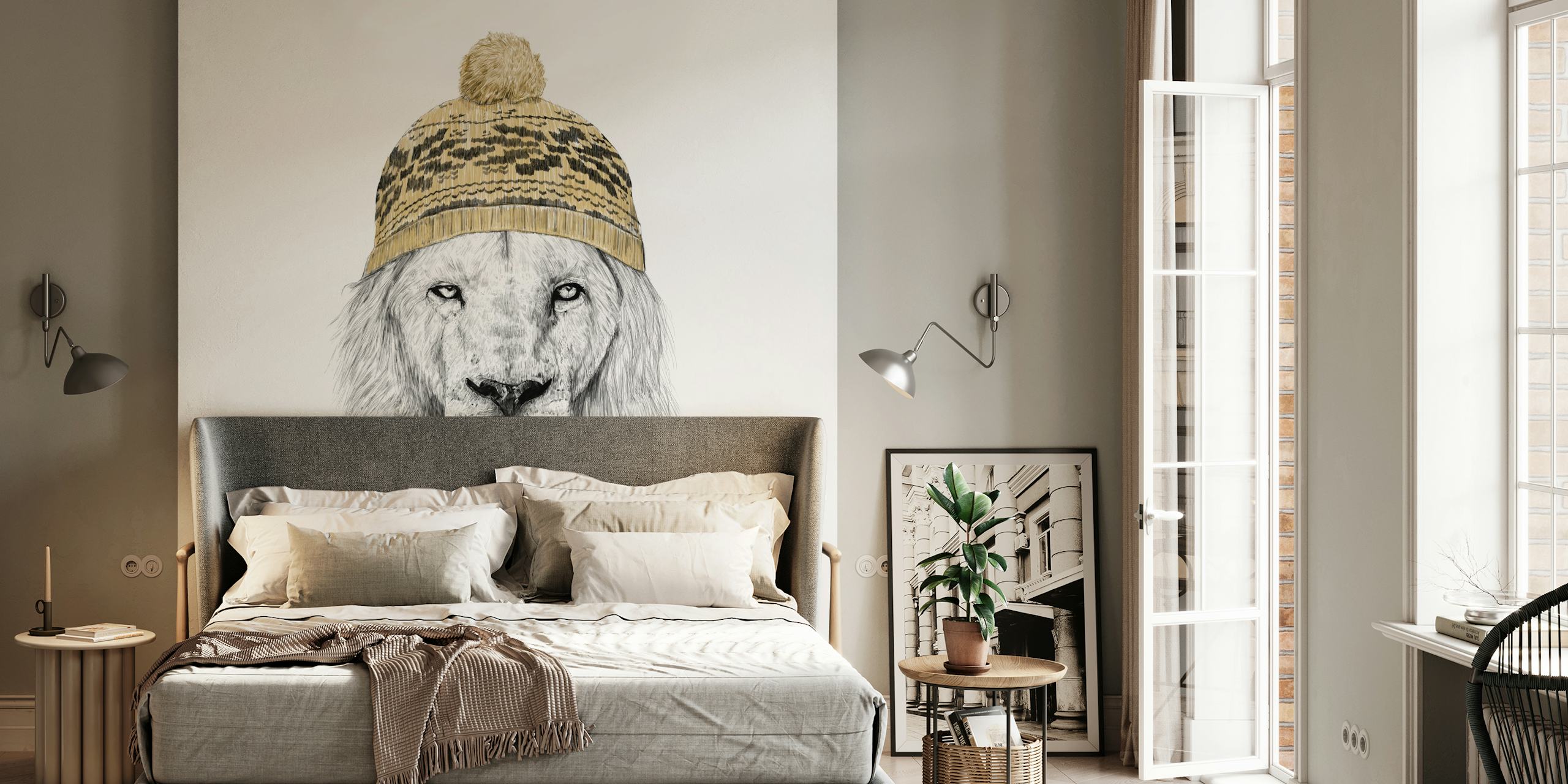 Papel de parede com um inverno lion em um gorro