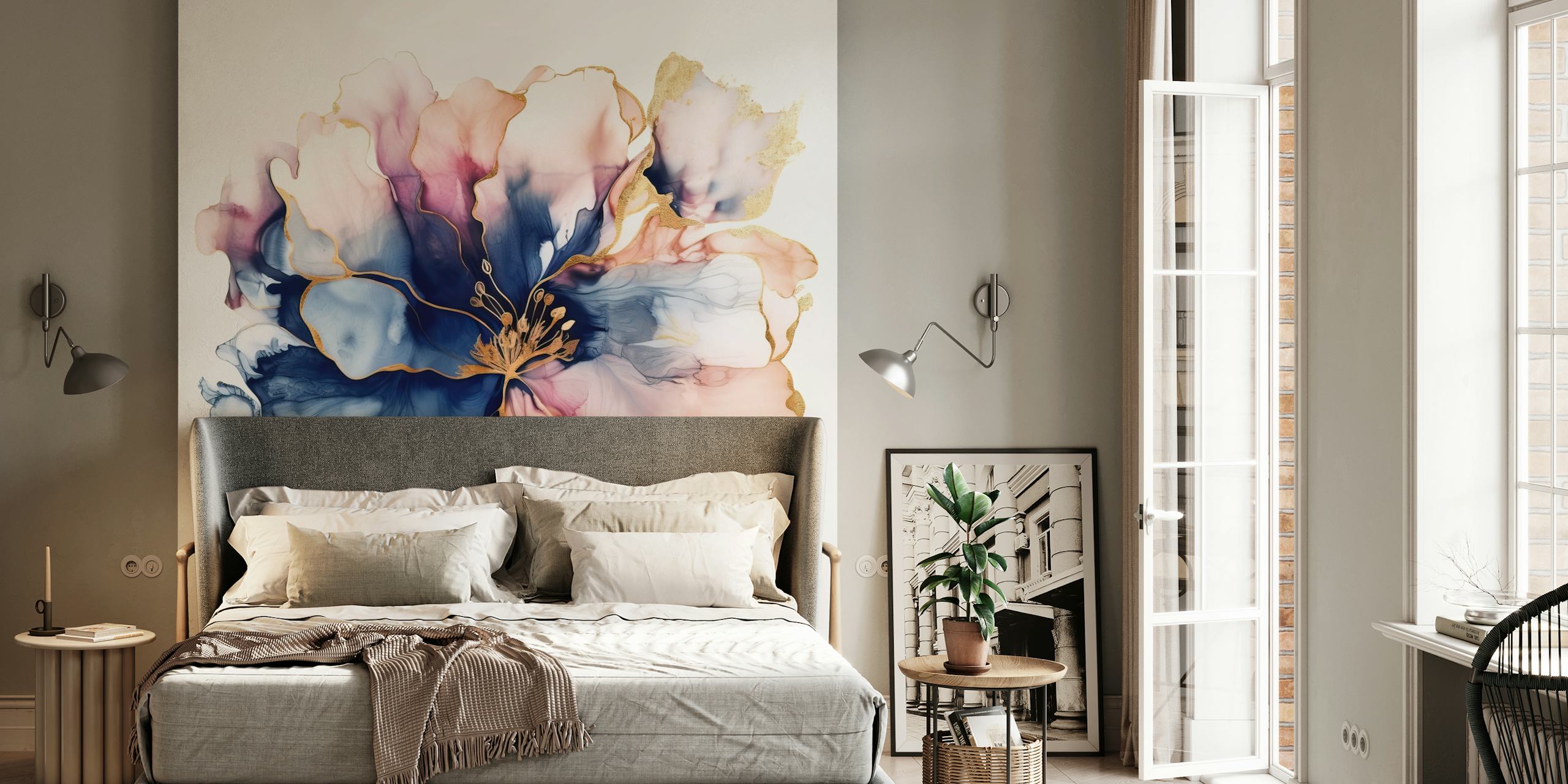 Liquid Flower wall mural with soft blue, pink, and cream hues