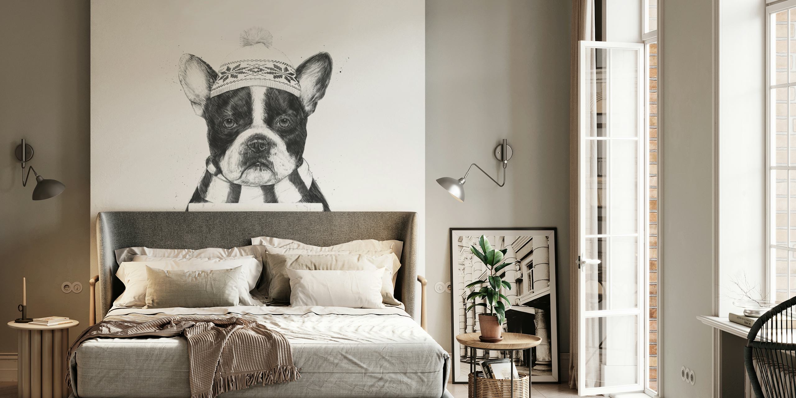 Funny French bulldog in winter hat and scarf with Winter is Boring text wall mural