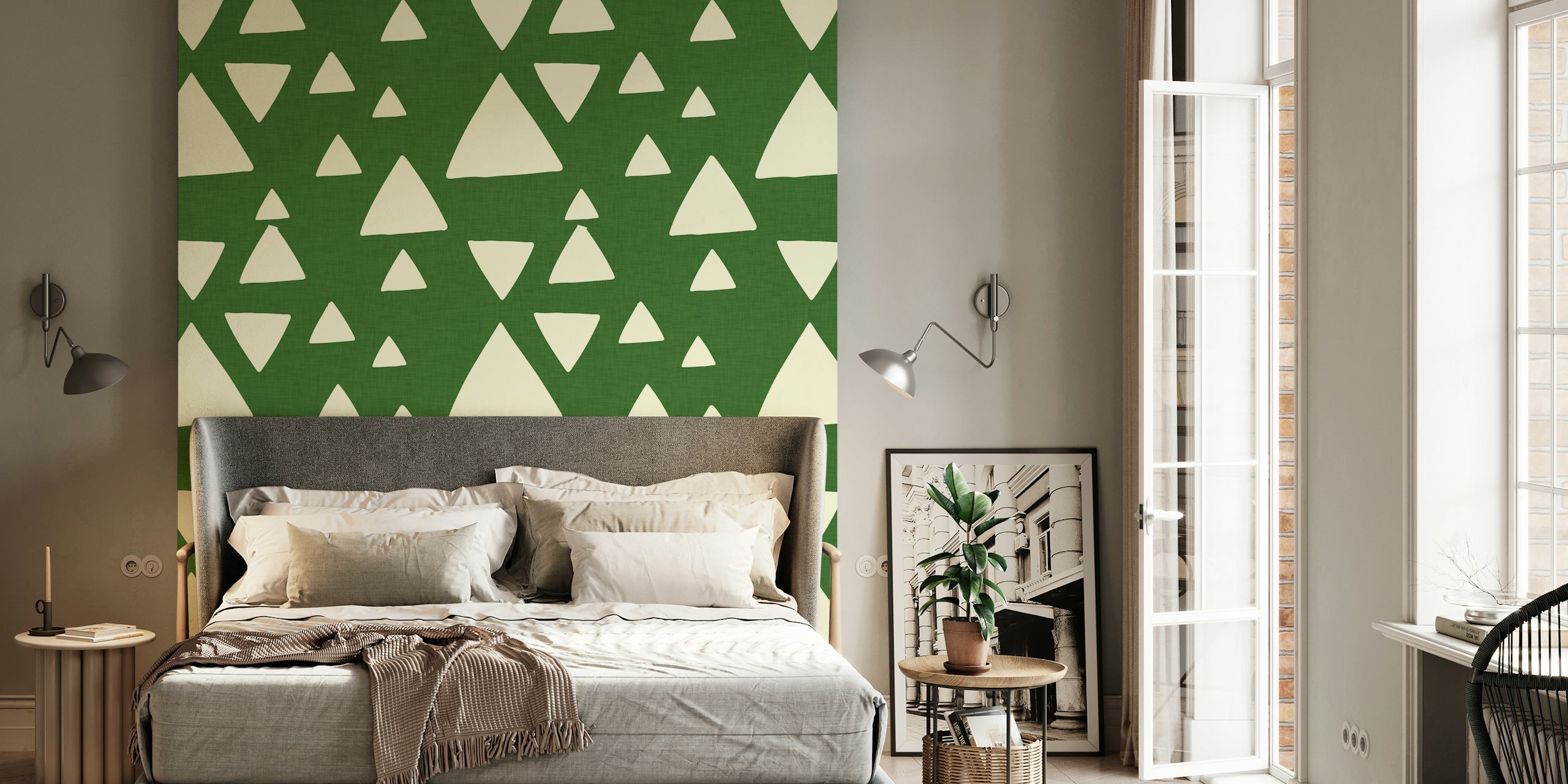 Green triangle patterns on cream background wallpaper