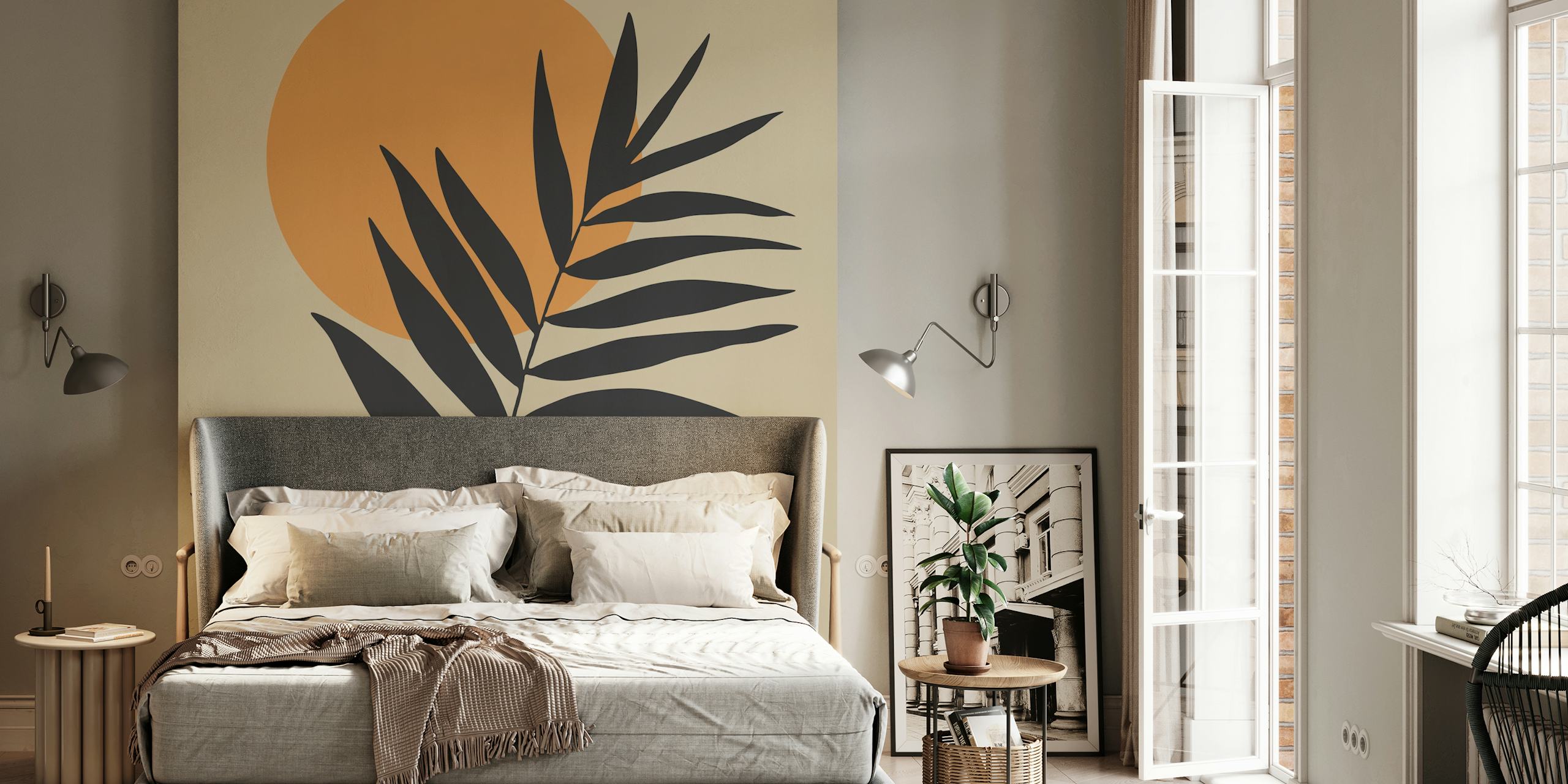 Tropical leaf design with warm sun and neutral colors wallpaper