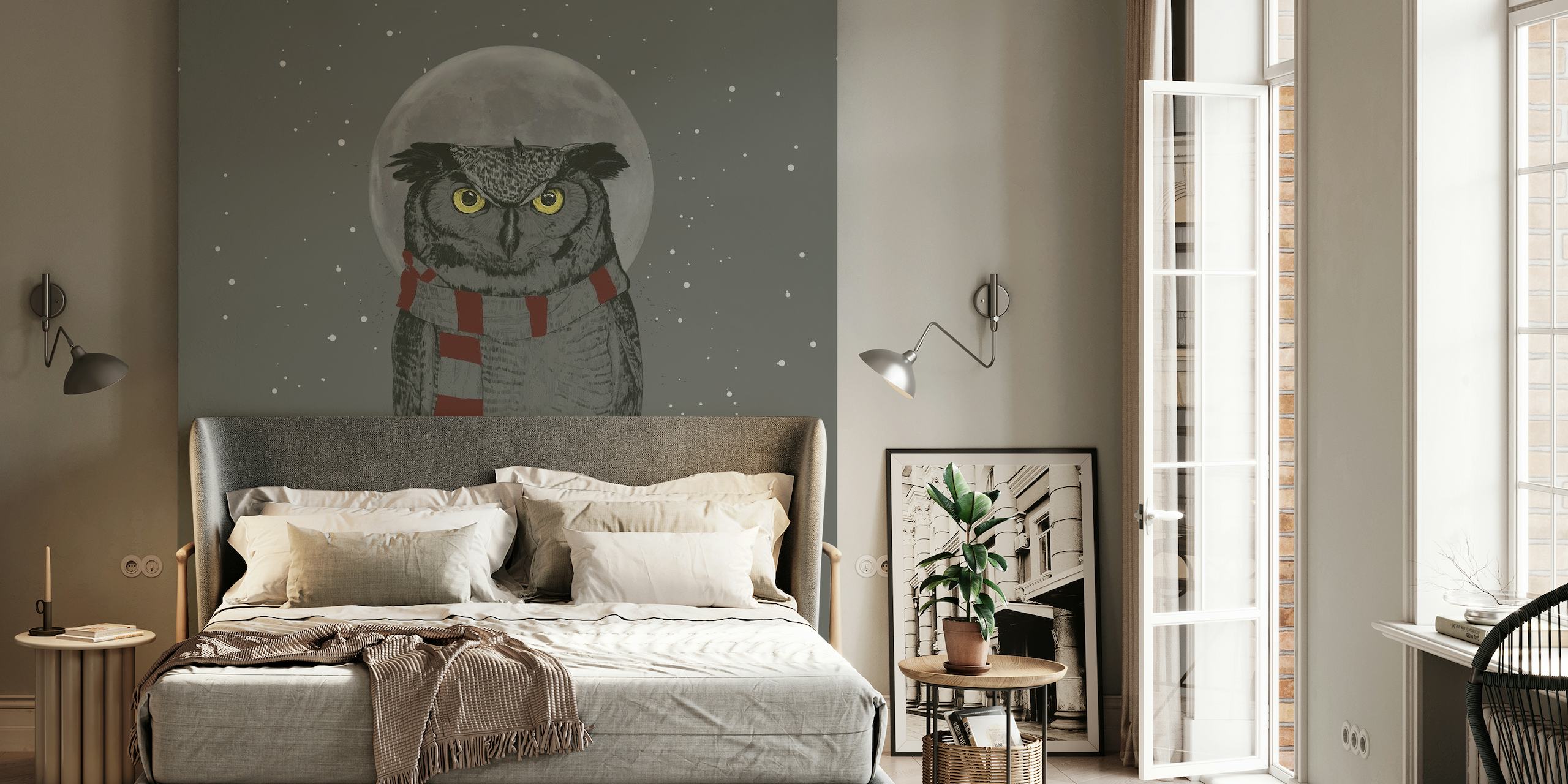 Stylized gray owl with a red scarf sitting on a branch with a full moon and snowflakes in the background