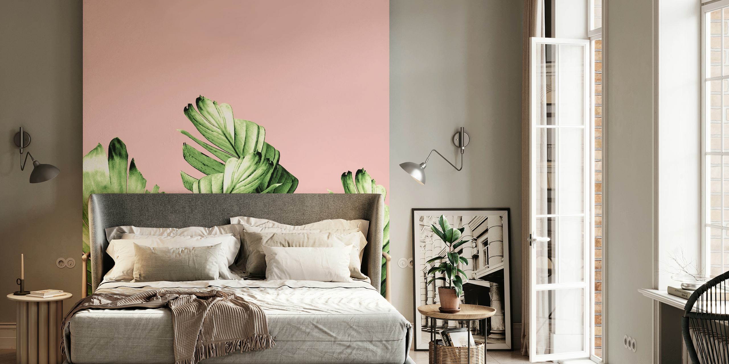 Fotomurais paisagistícos Folhas verdes de bananeira em fundo rosa blush
