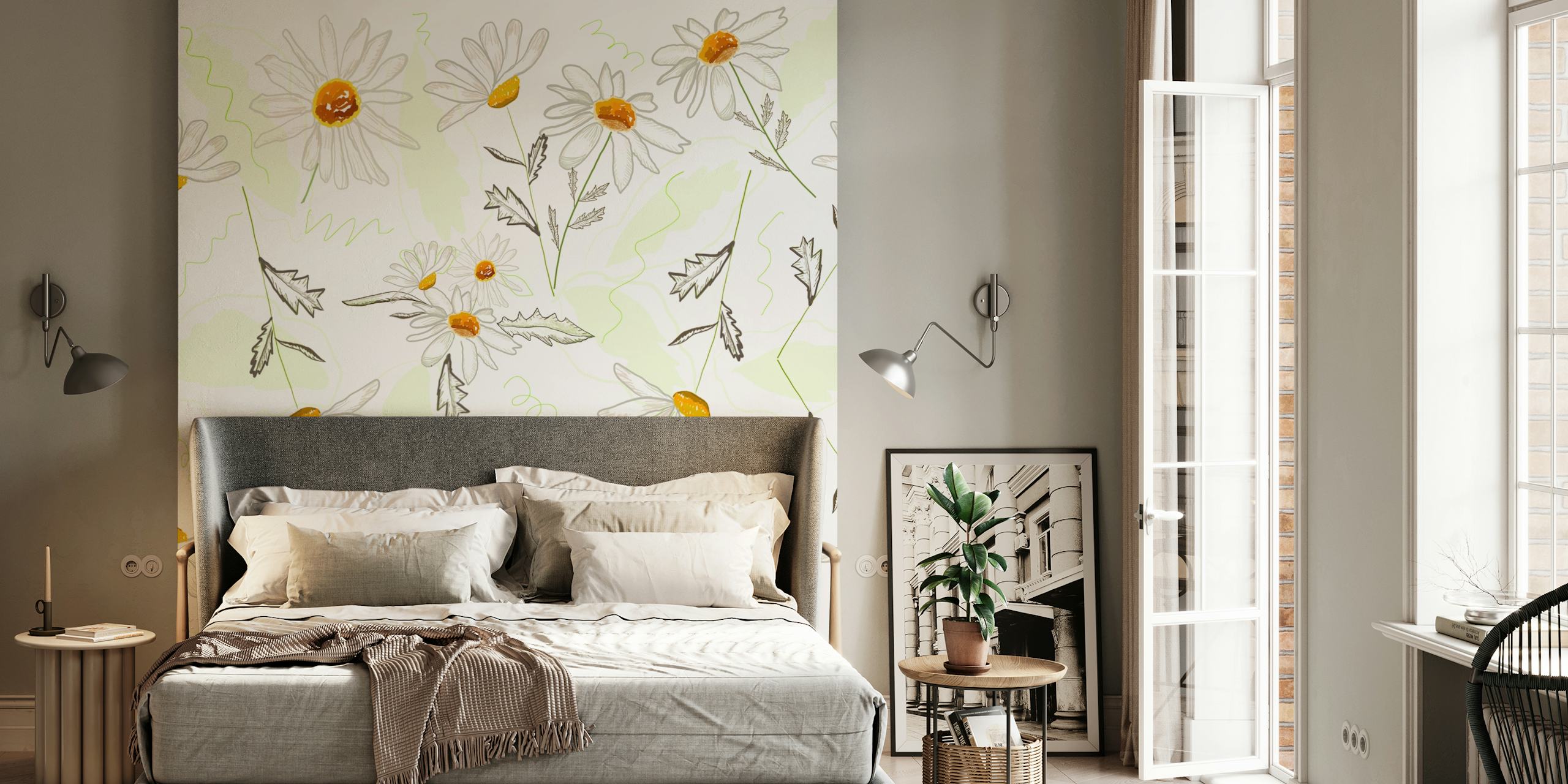 White daisies with yellow centers and green accents wallpaper