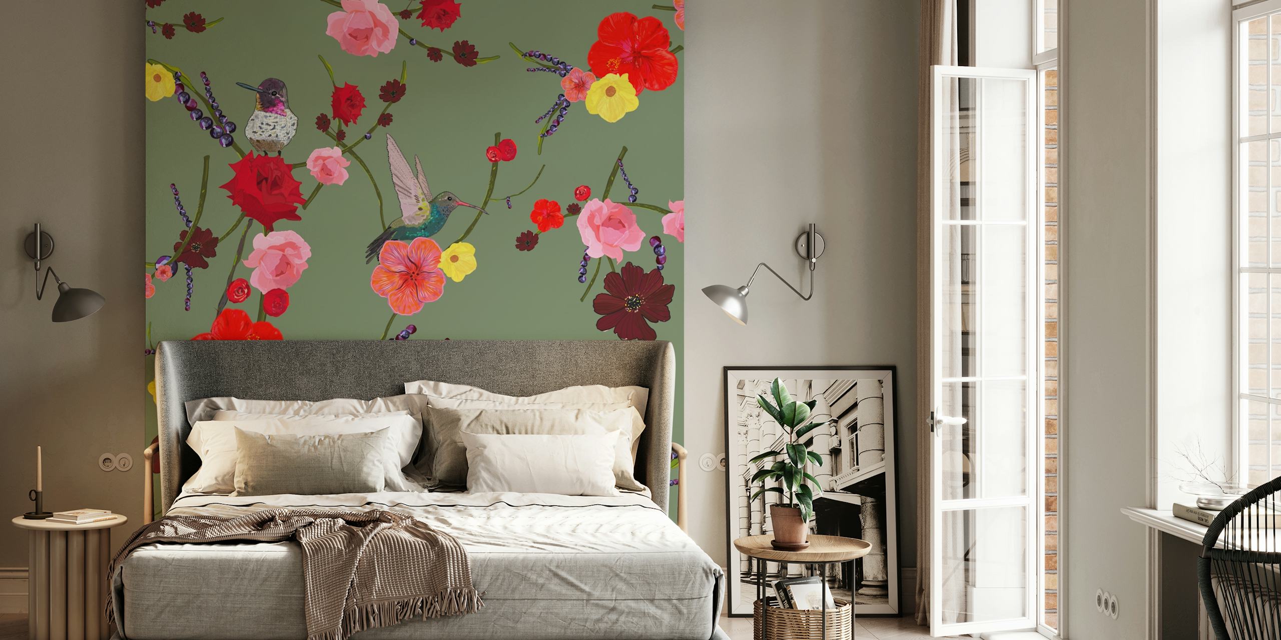 Φυτική τοιχογραφία με Birds with hibiscus roses σε πράσινο φόντο