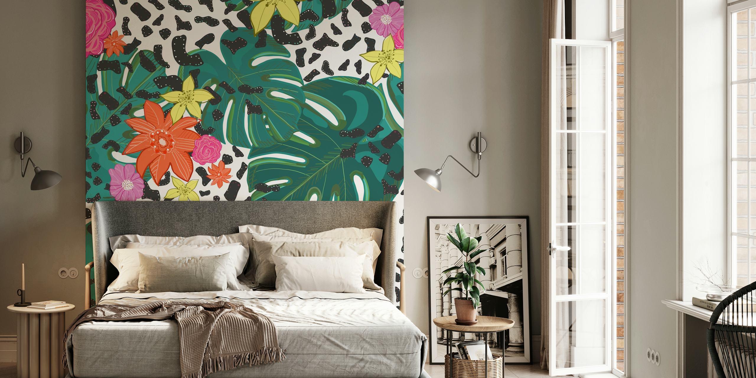 Tropical floral wallpaper with hibiscus and palm leaves, black leopard print, bright colors