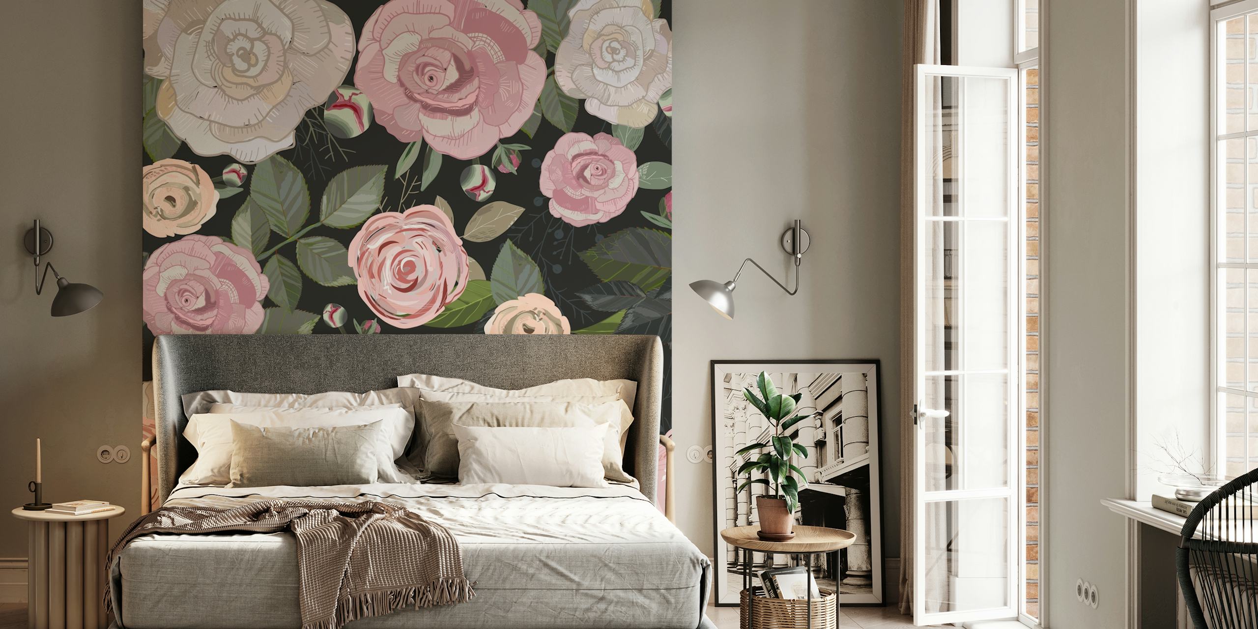 Peony and roses black Tapete in einem Raum