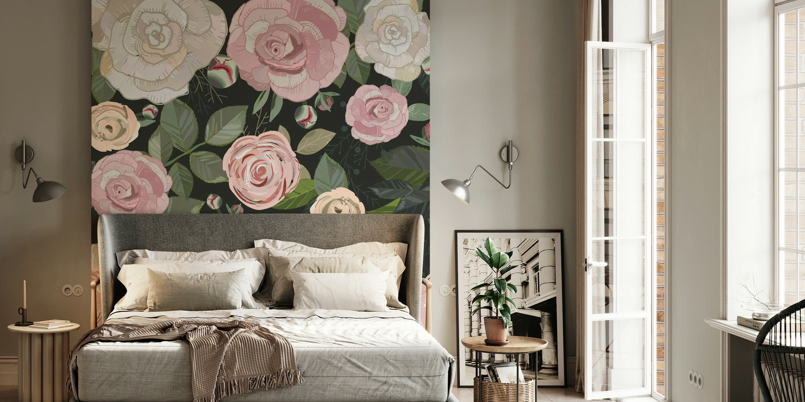 Peony and roses black behang