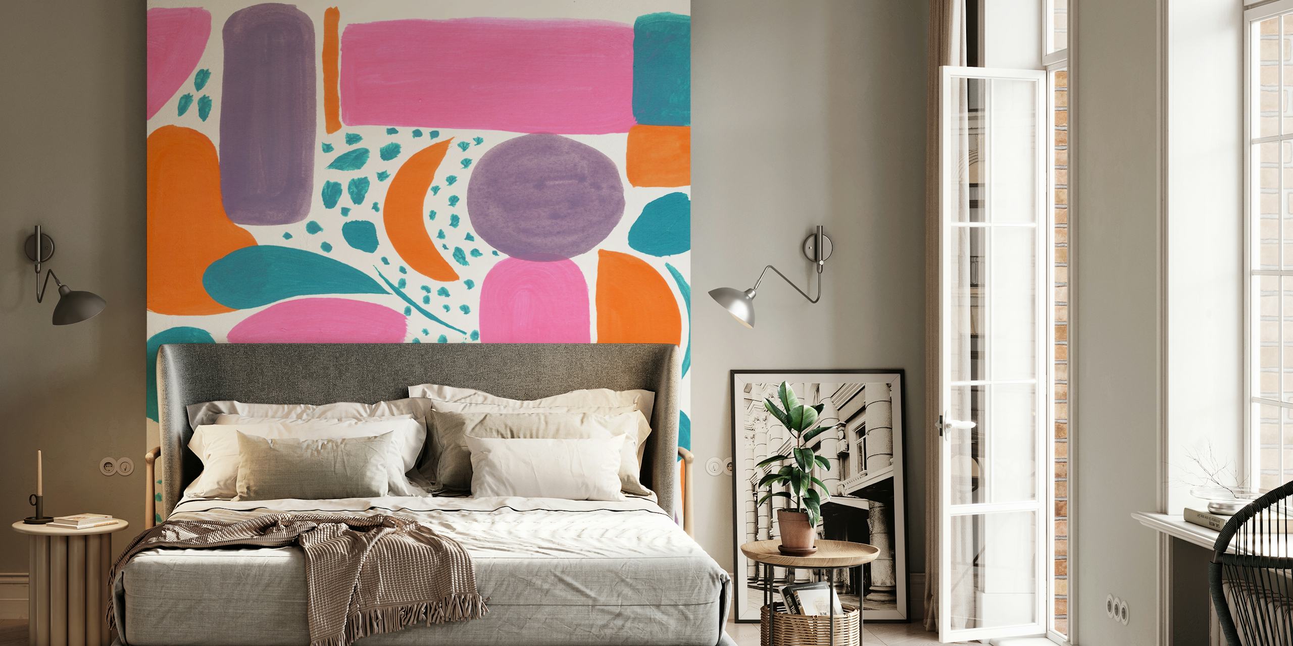 Colorful abstract shapes in pink, orange, and teal wallpaper