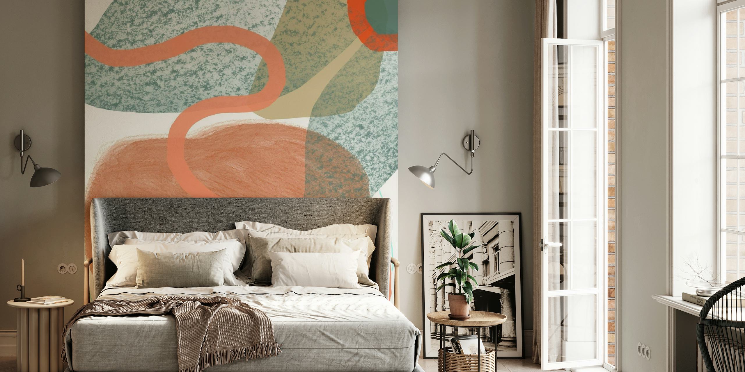 Abstract wall mural with organic shapes and earth tones