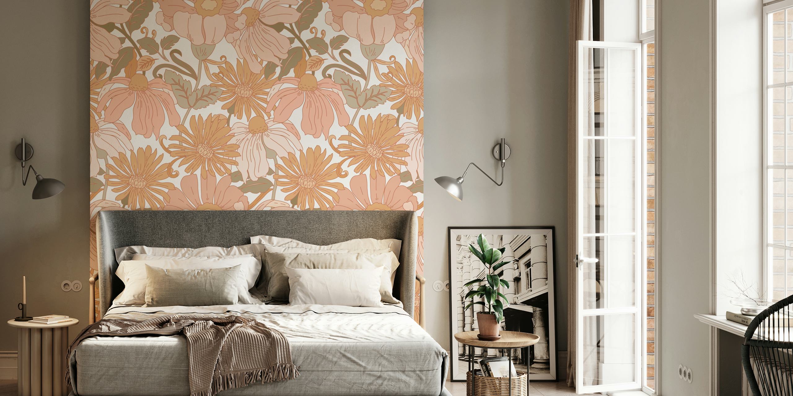 Pink and beige floral pattern wallpaper with green leaves