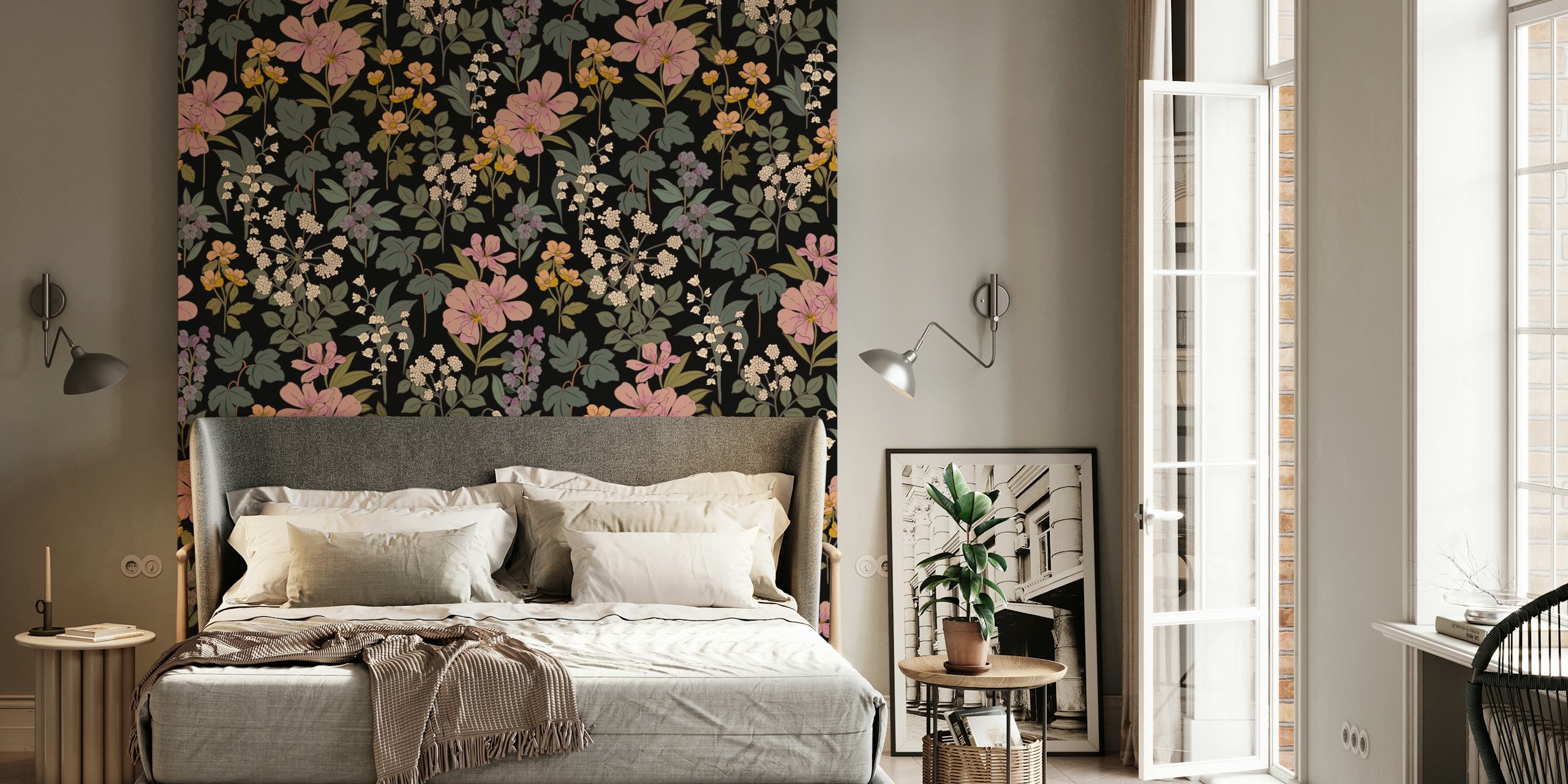 Multicolor floral pattern with pink and yellow flowers on black wallpaper