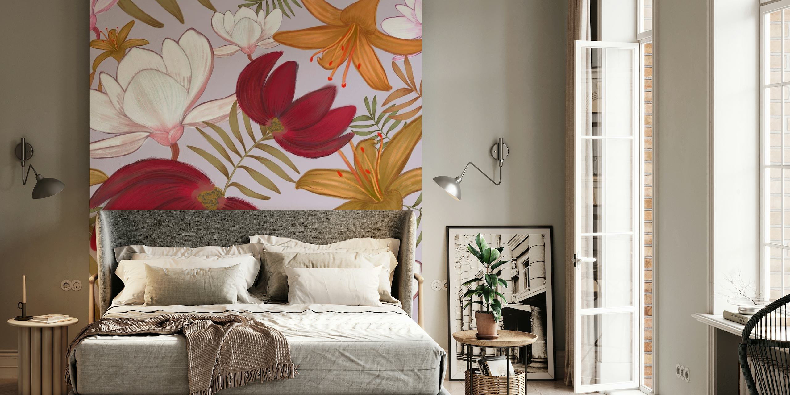 Oil paint tropical flowers wallpaper