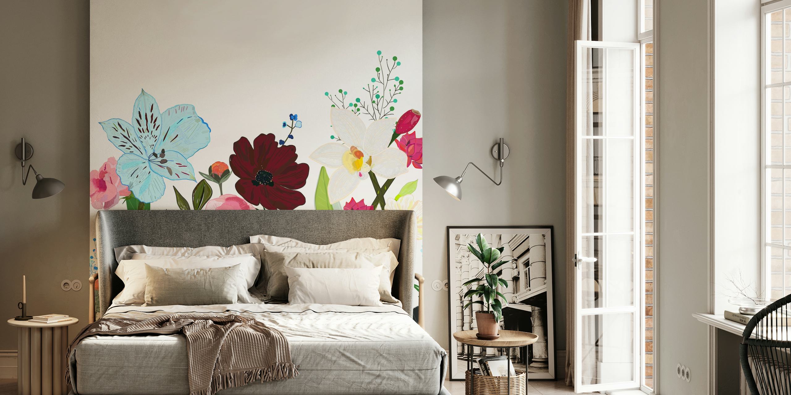 Carta da parati di prato primaverile colorato con una varietà di fiori selvatici