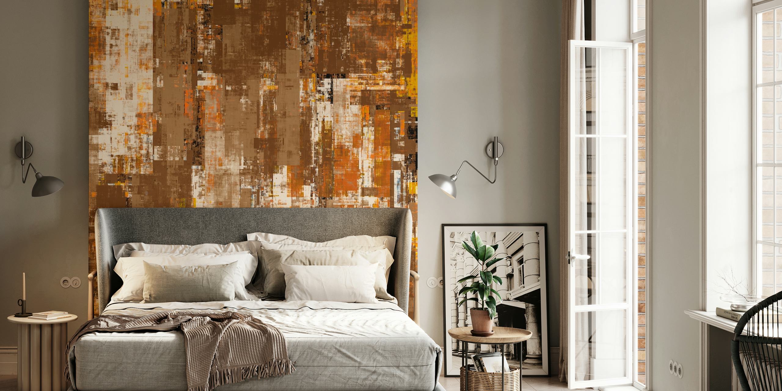 Abstract geometric shapes in brown, yellow, and white wallpaper