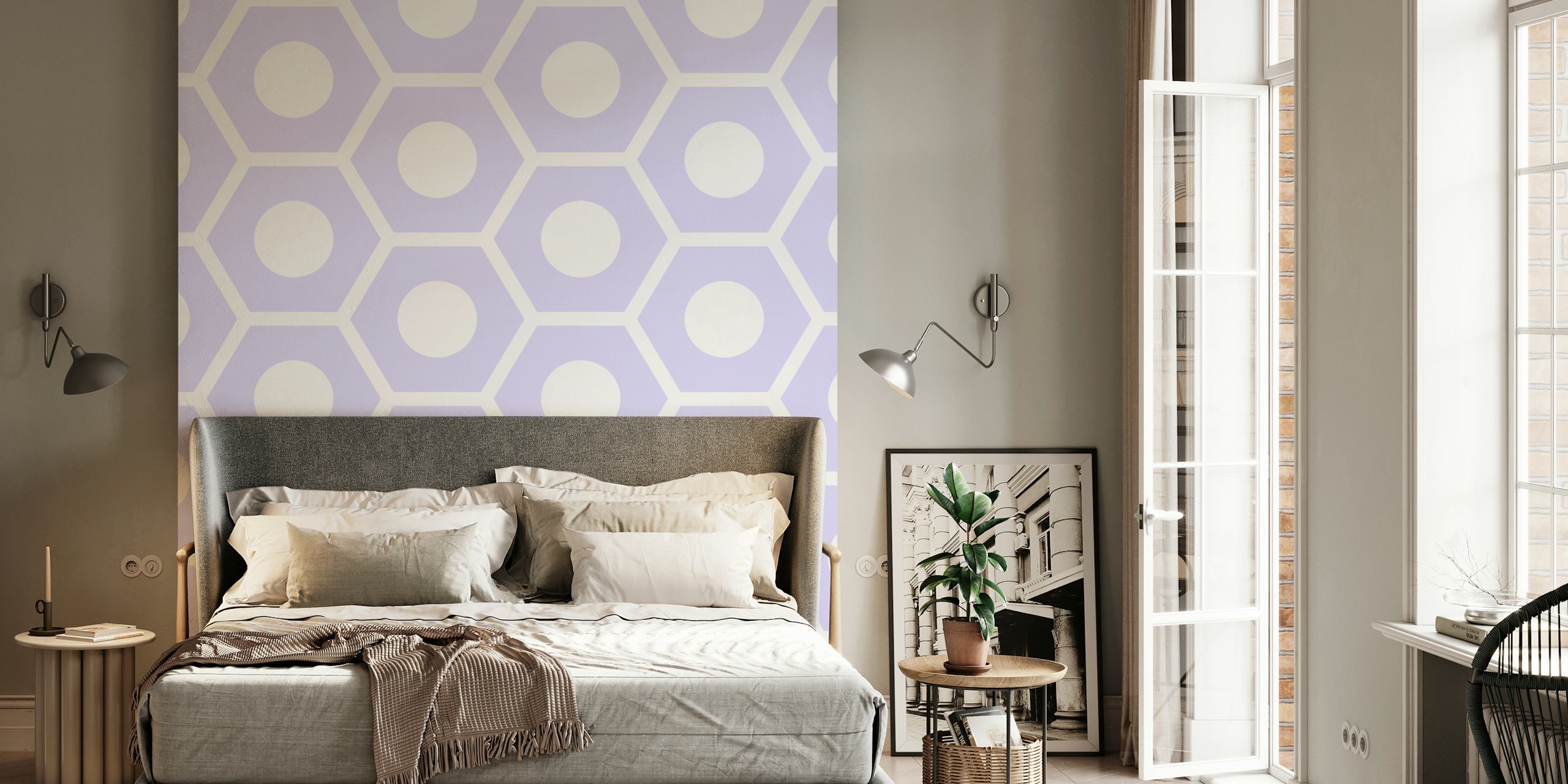 Violet geometric hexagon pattern with white circles wallpaper