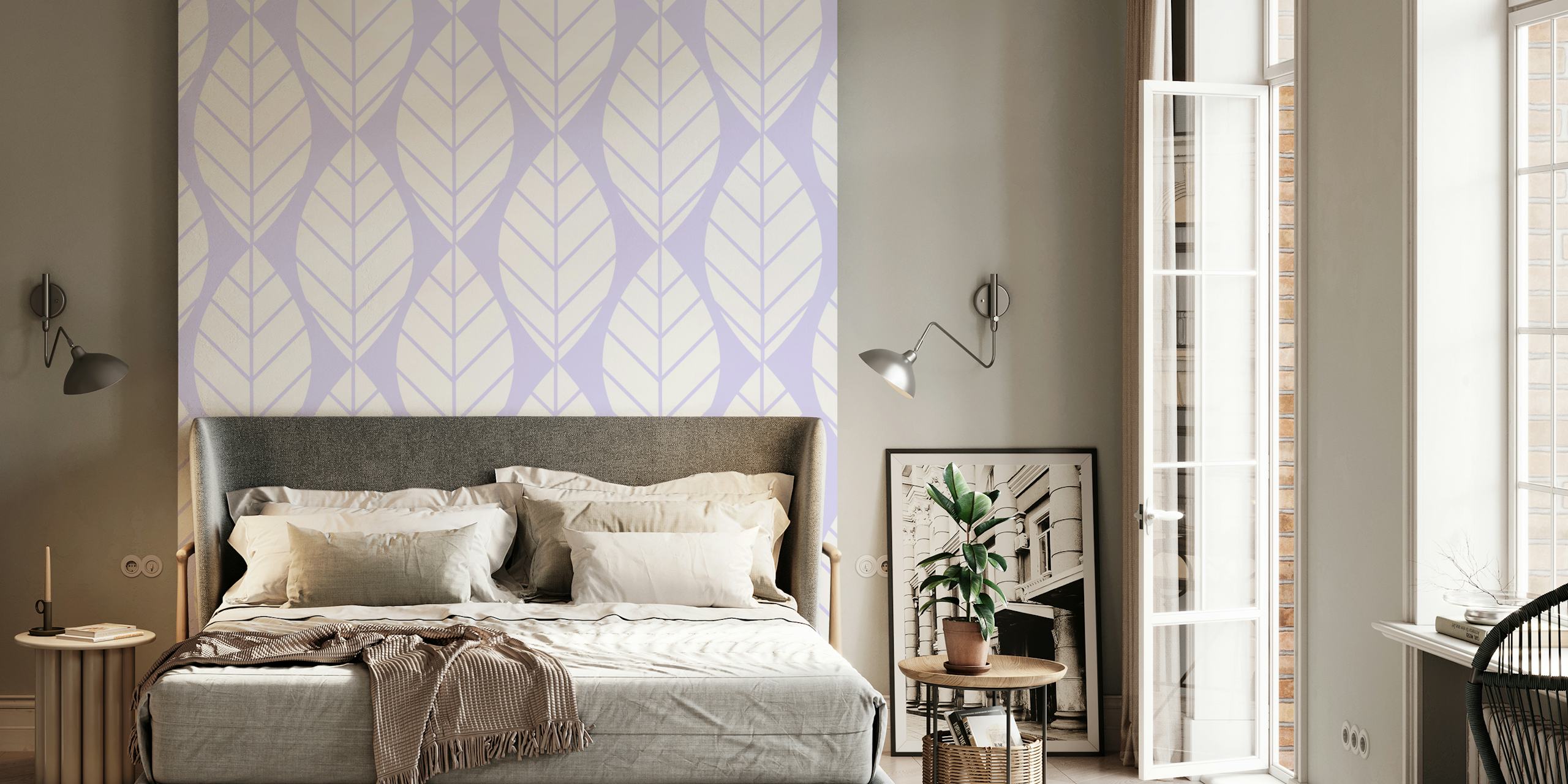 Lavender white leaves pattern wallpaper in a room