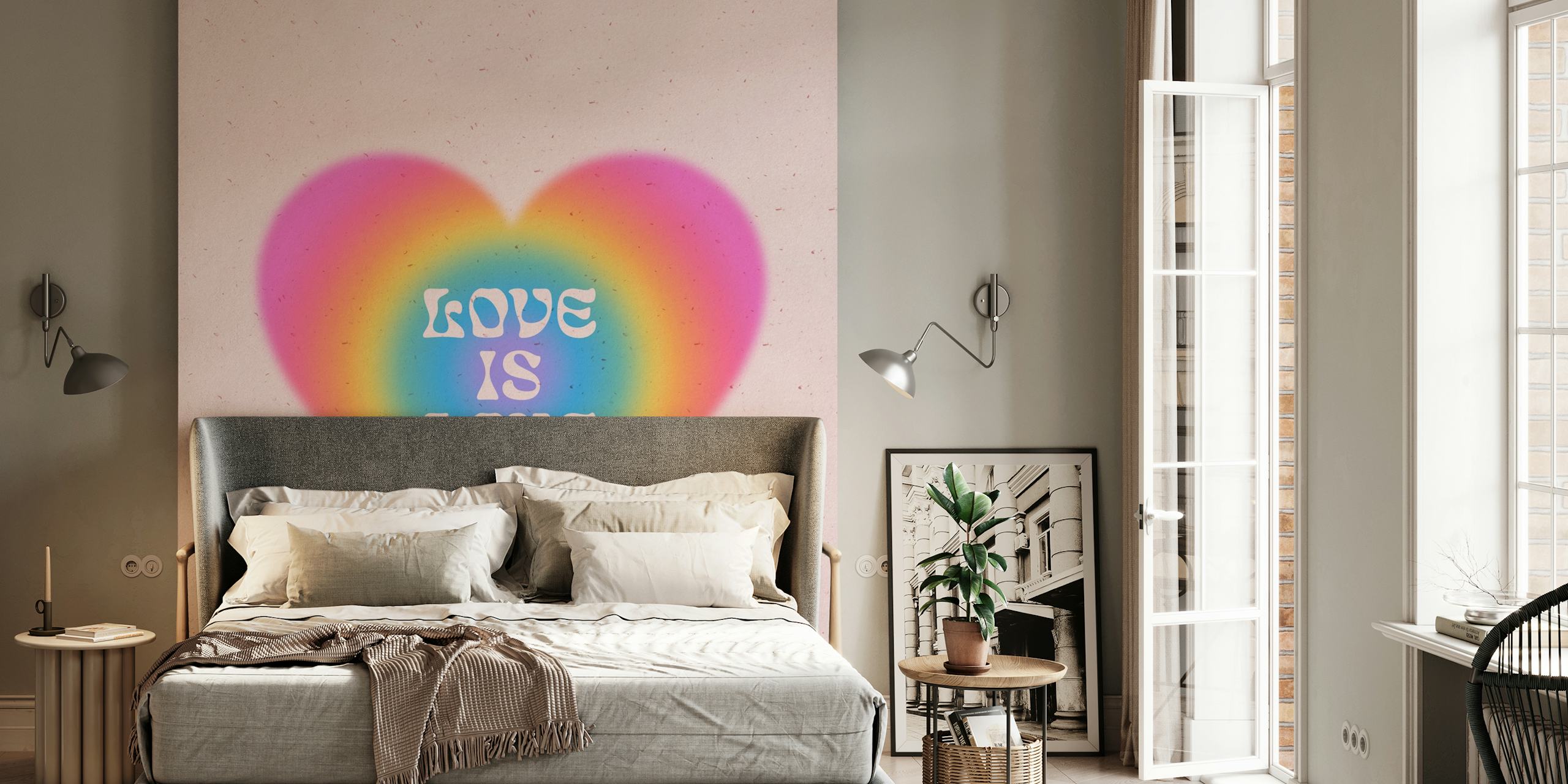 Rainbow heart with text 'Love is Love' on pink background wallpaper