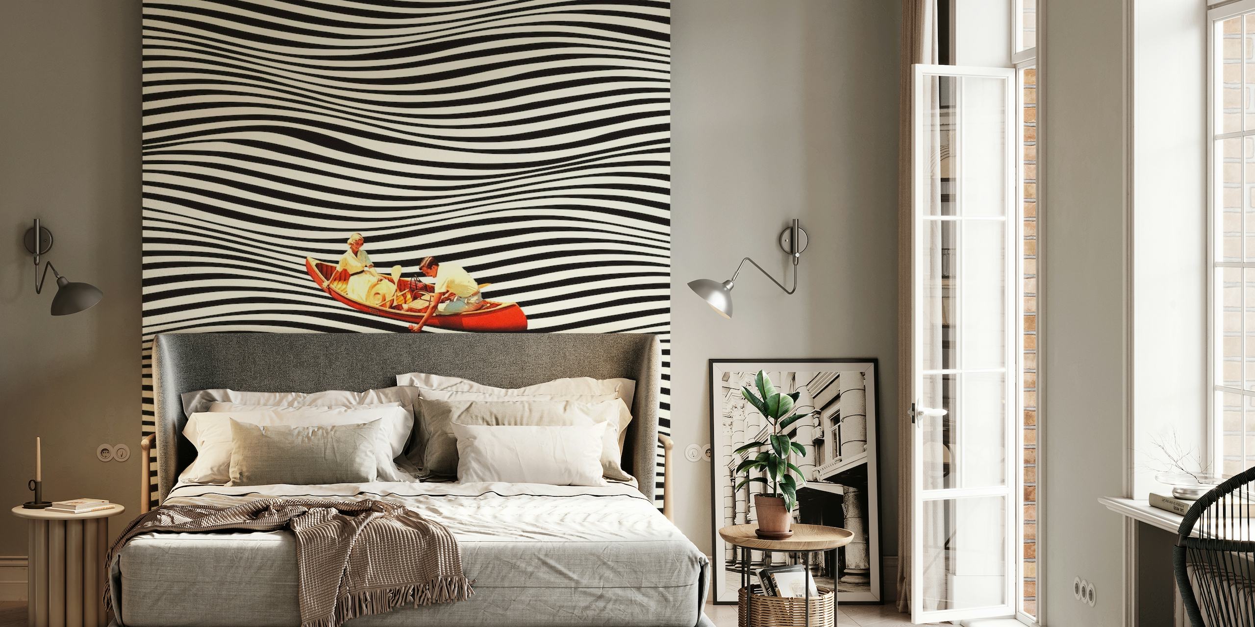A red boat on a sea of black and white illusion waves wall mural