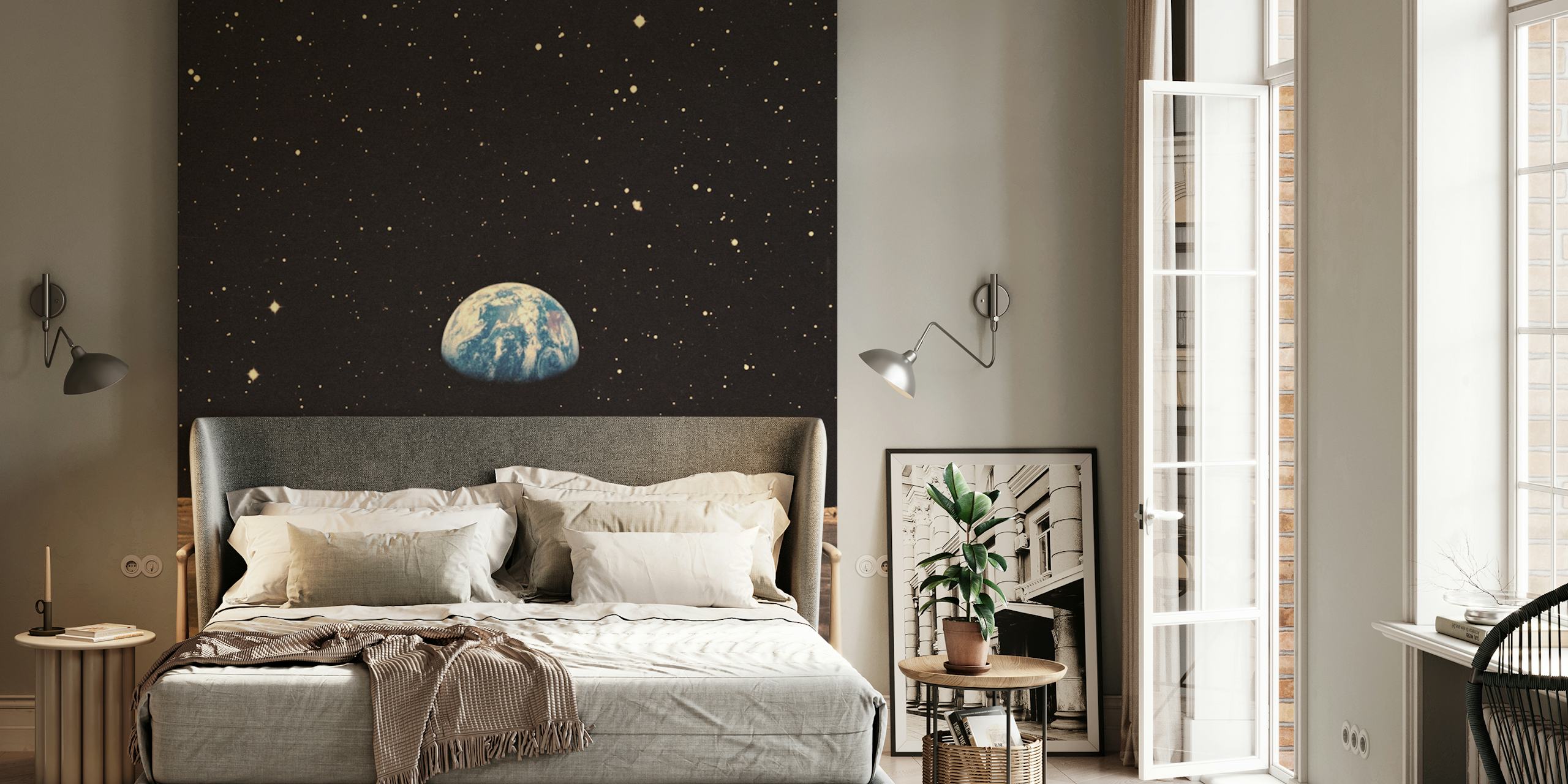 Vintage cosmic wallpaper featuring colorful cars under a starry sky