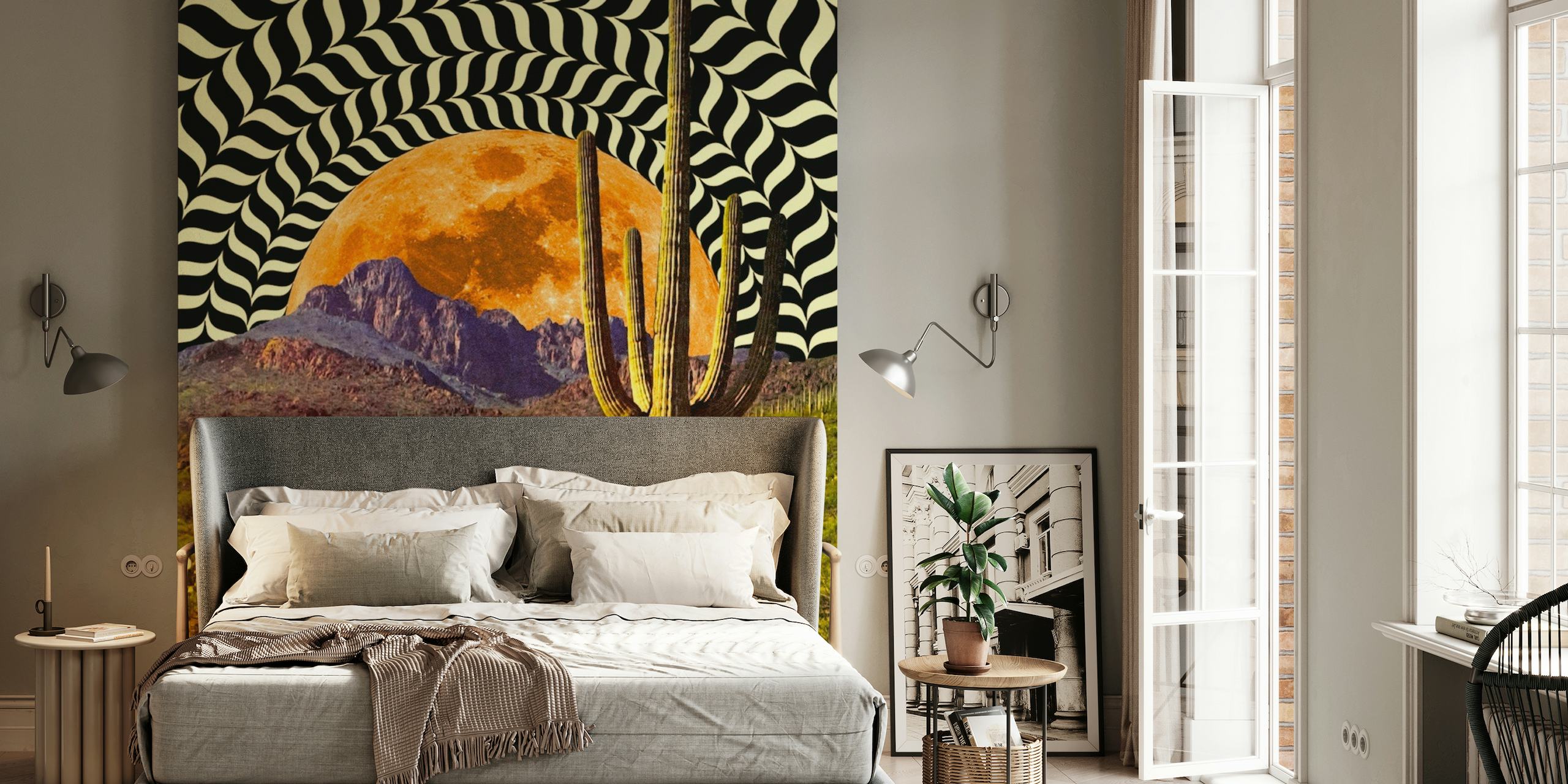 Optical illusion wall mural with cowboys and giant moon in desert scene