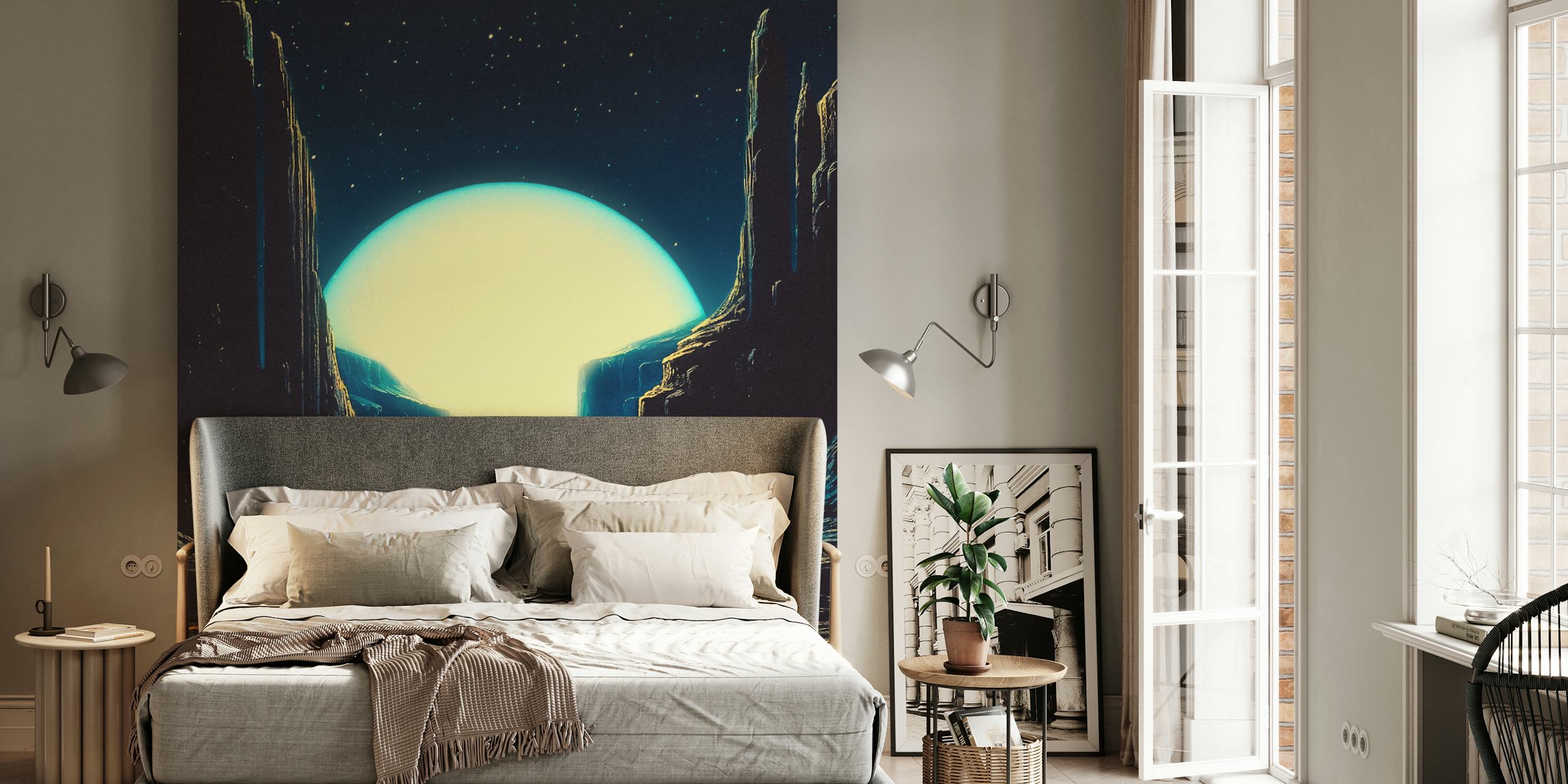 Geometric shapes and starry night scene with blue tones wallpaper