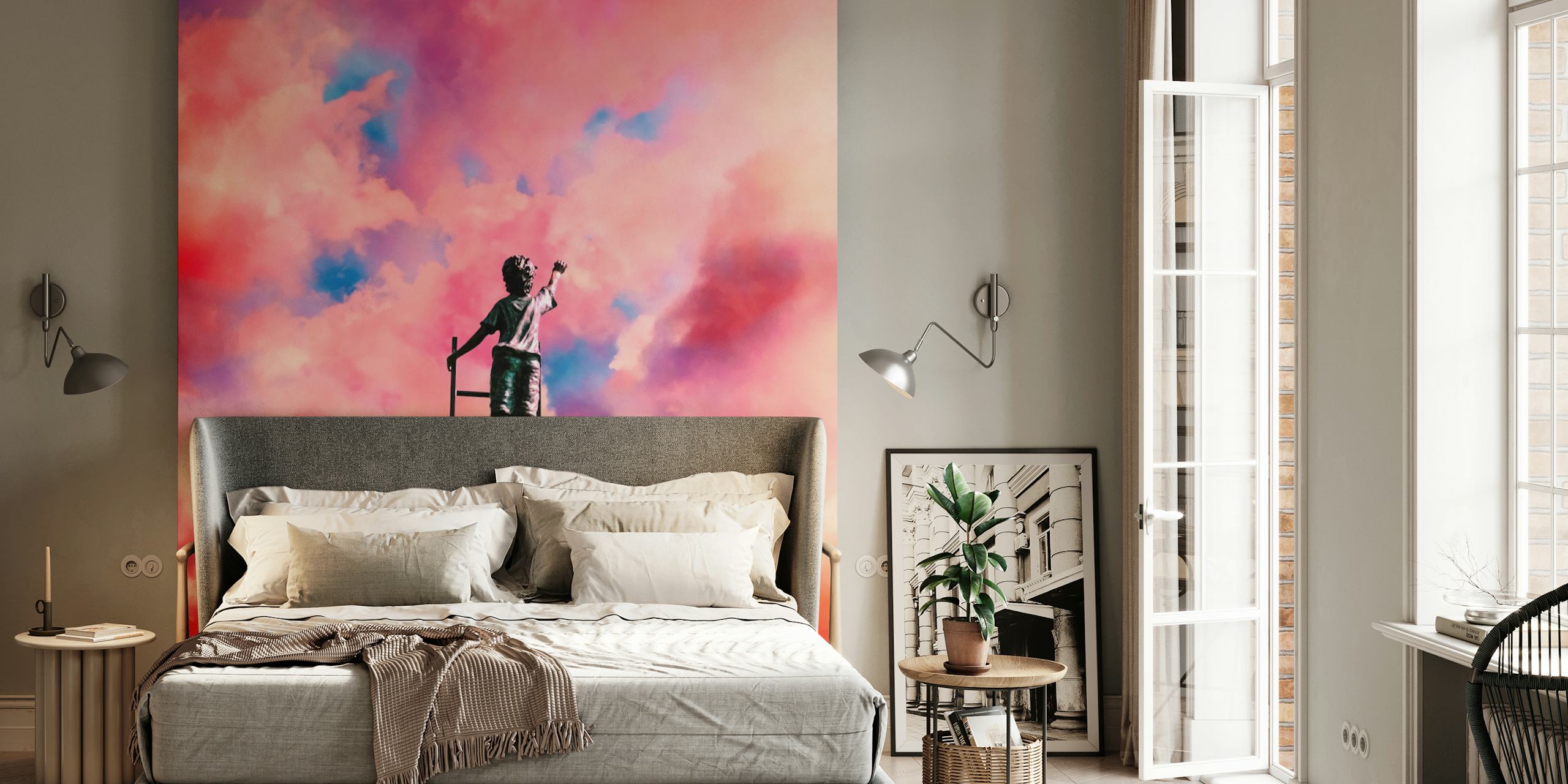 Colorful clouds with a boy on a ladder in vibrant shades wallpaper