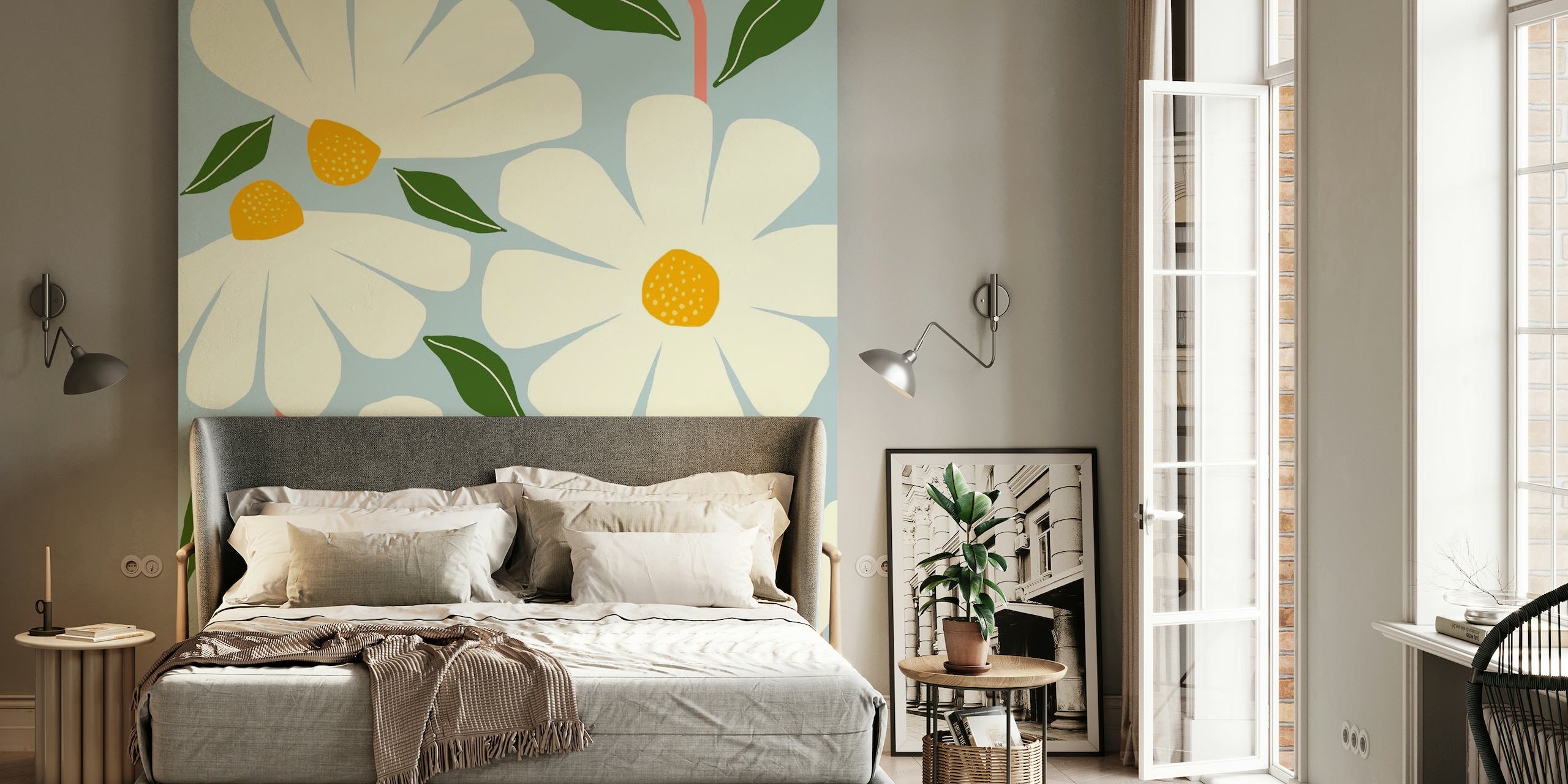 Oversized white daisies with yellow centers on a blue background wall mural