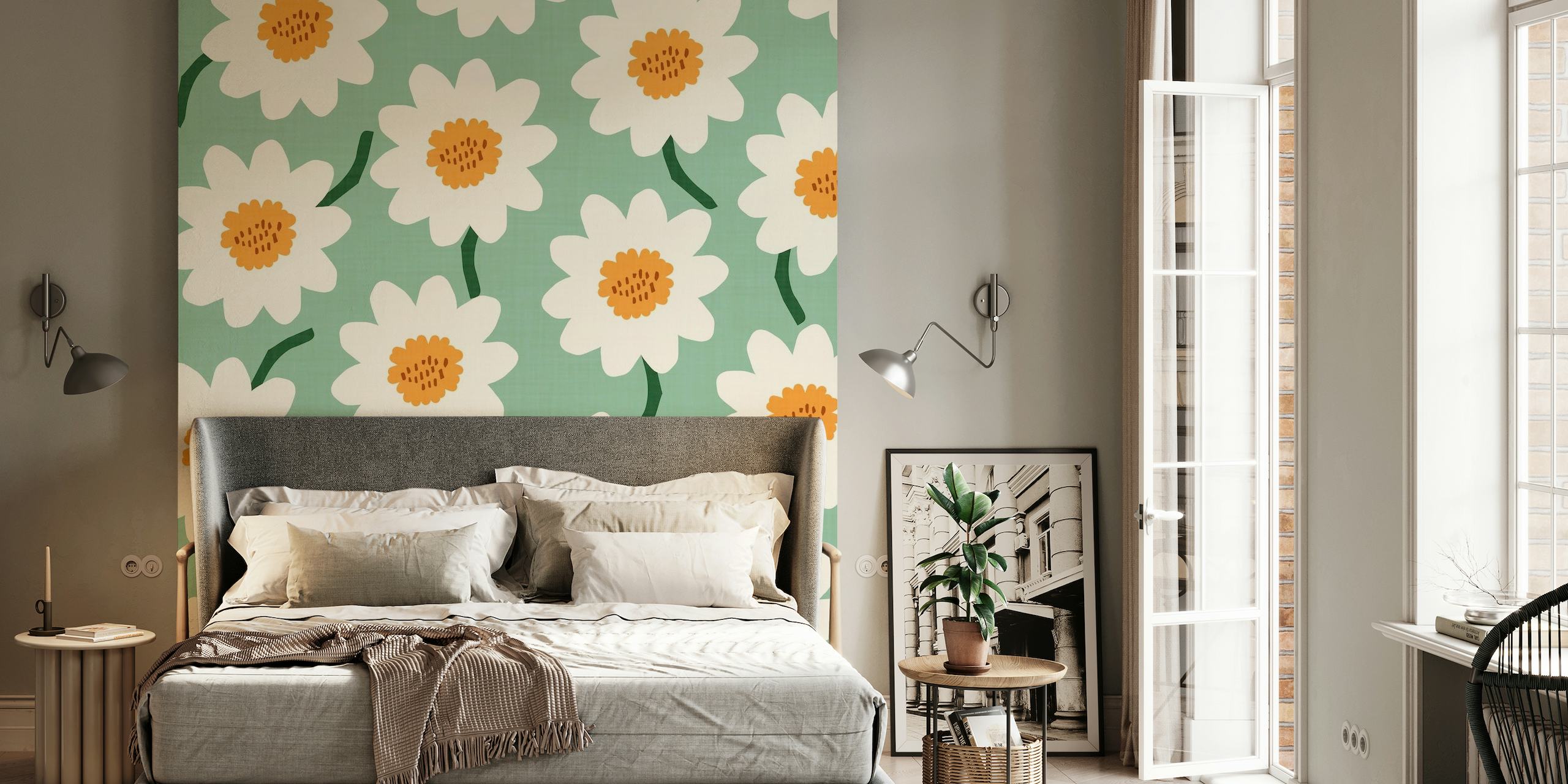 Flower field - mint orange wallpaper
