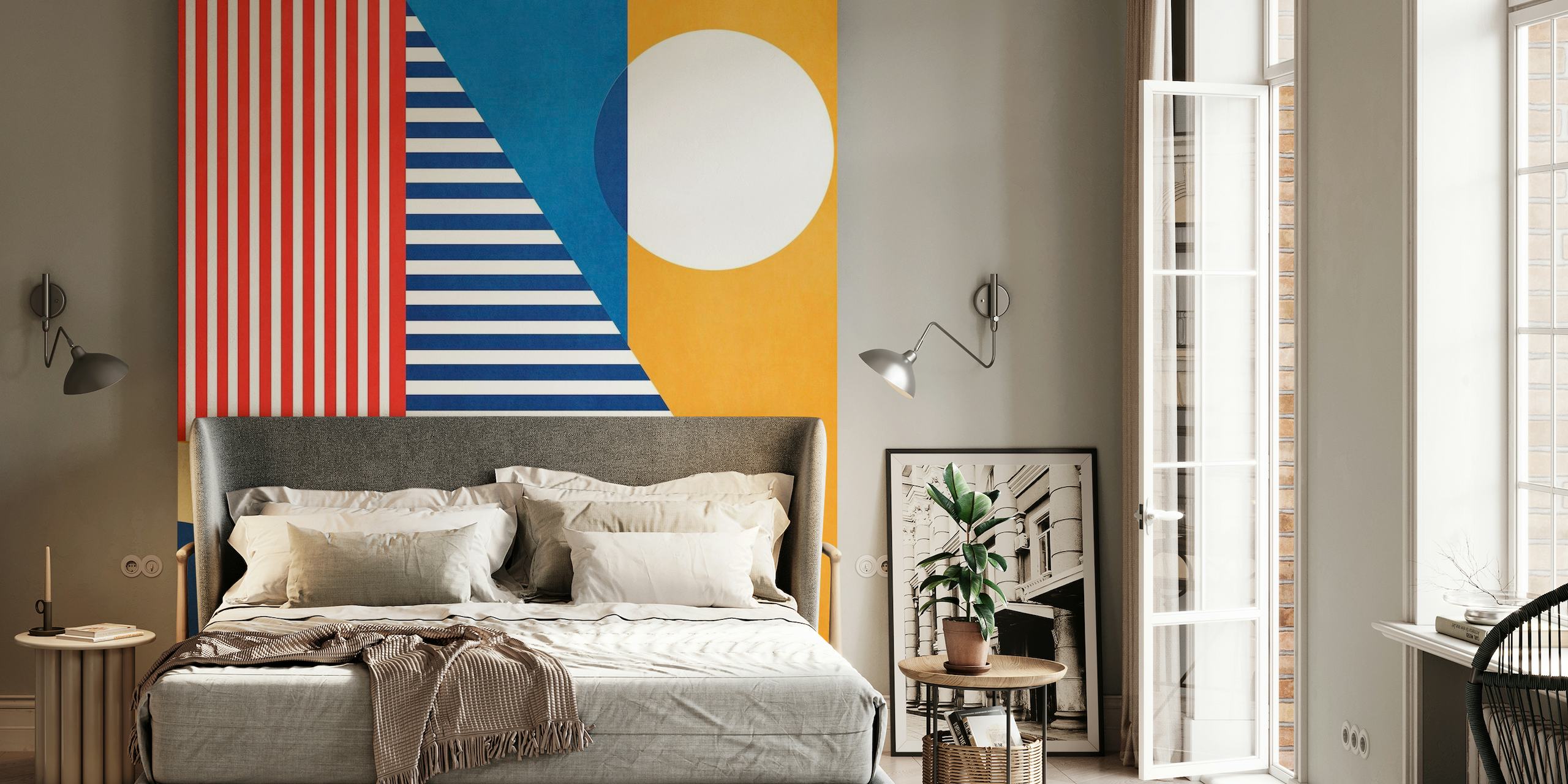 Farverigt abstrakt geometrisk vægmaleri med bådmotiver