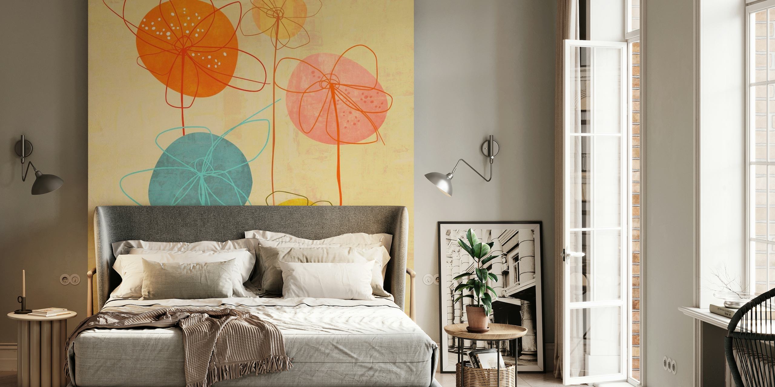 Stylized abstract flowers wall mural in orange, blue, and yellow tones with a textured background.