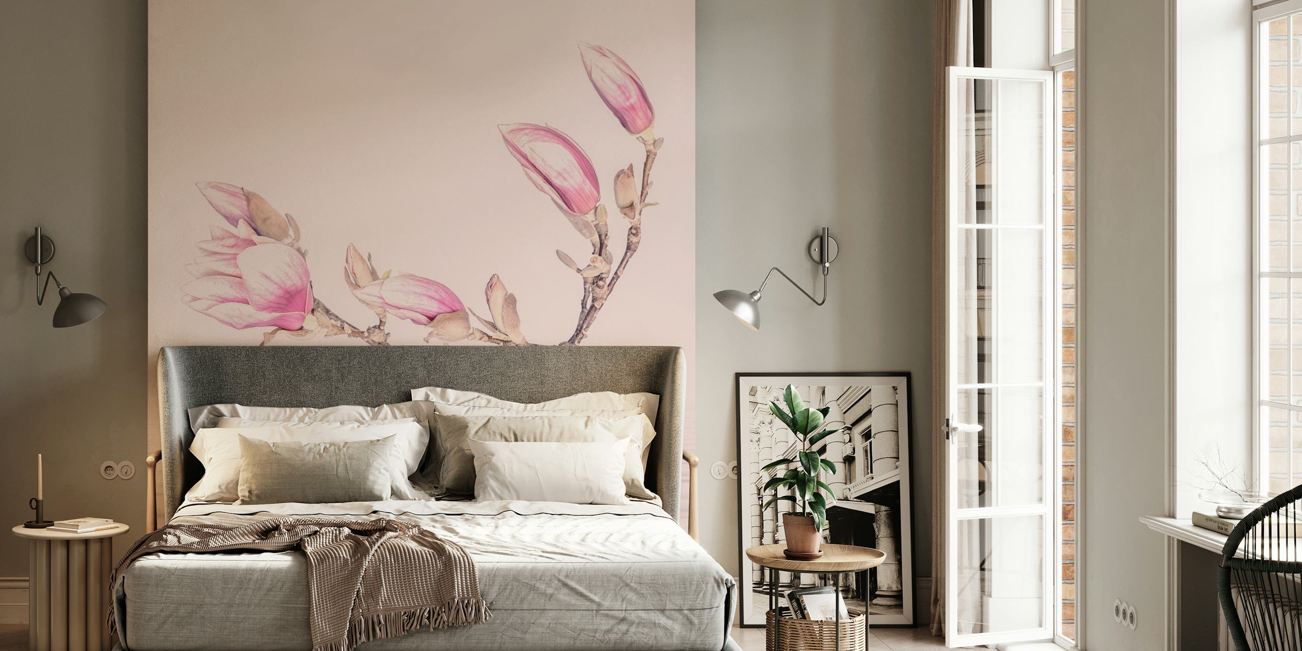 Pink magnolia flowers on water background
