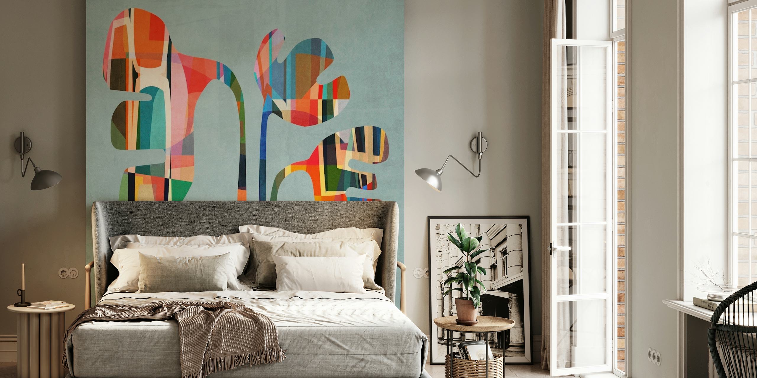 Abstraktes, farbenfrohes Wandgemälde „Joy Flower 2“ auf gedämpftem Hintergrund