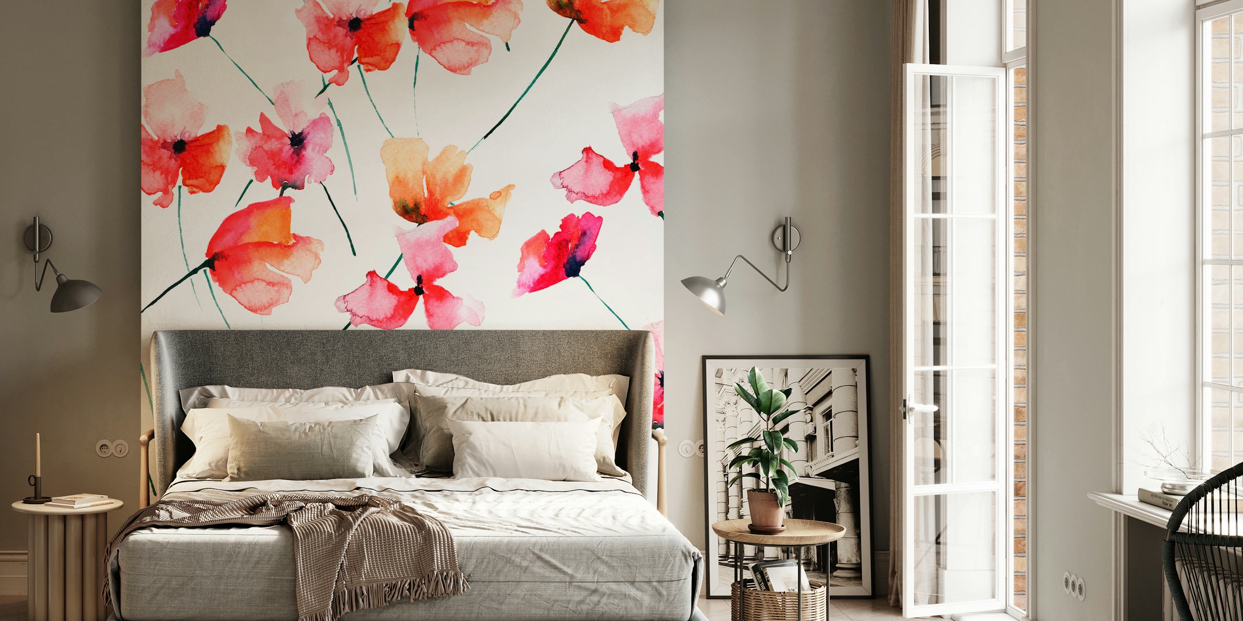 Pink watercolor flowers on white background wallpaper