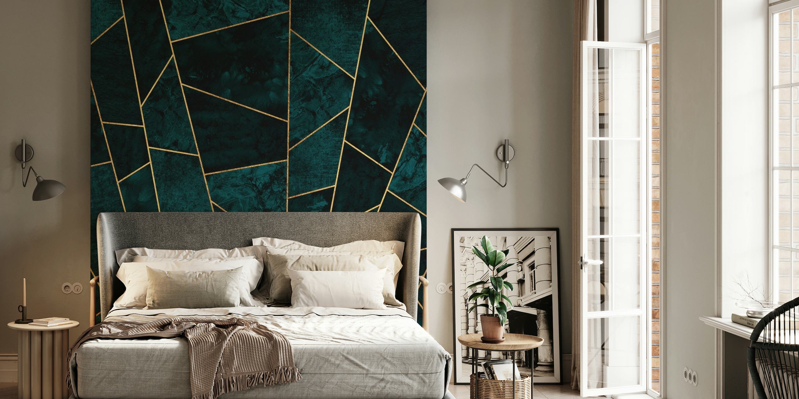 Luxe Teal Abstract fotobehang met gouden geometrische lijnen op een donkere blauwgroen achtergrond