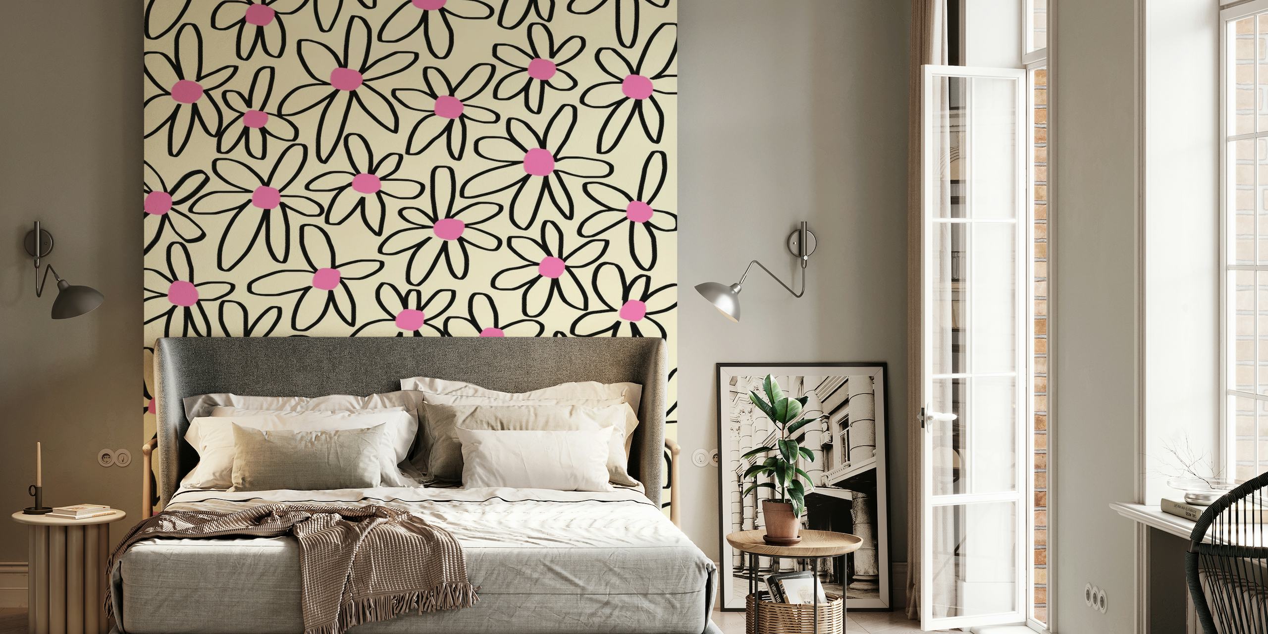 Joyful Flower Lines - bw pink papel de parede