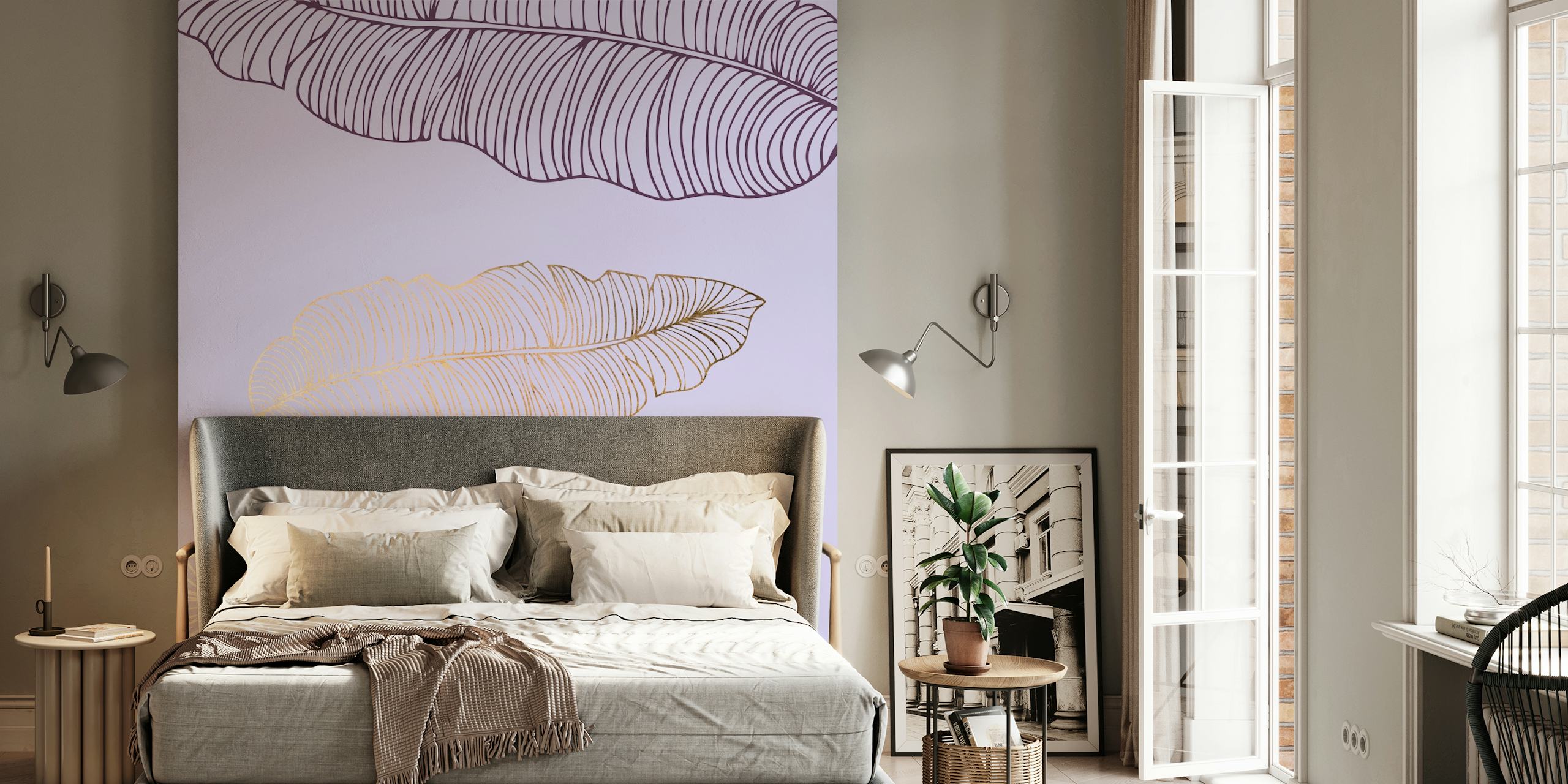 Pastel Lavender Palm Leaves wall mural with delicate white and yellow palm leaf outlines