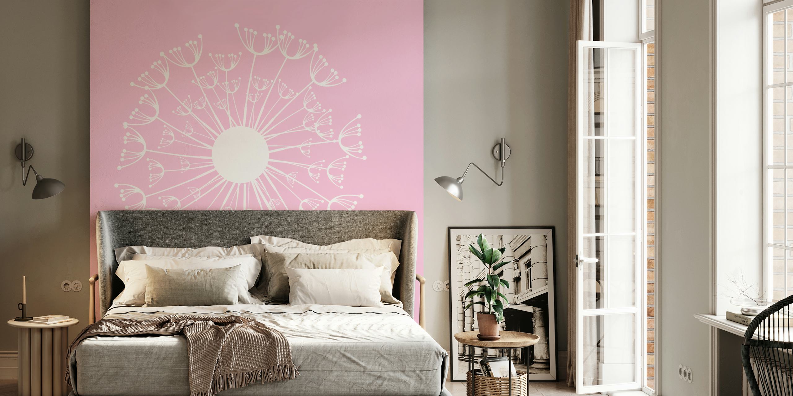 Papel tapiz Pastel Pink Dandelion Flower en una habitación
