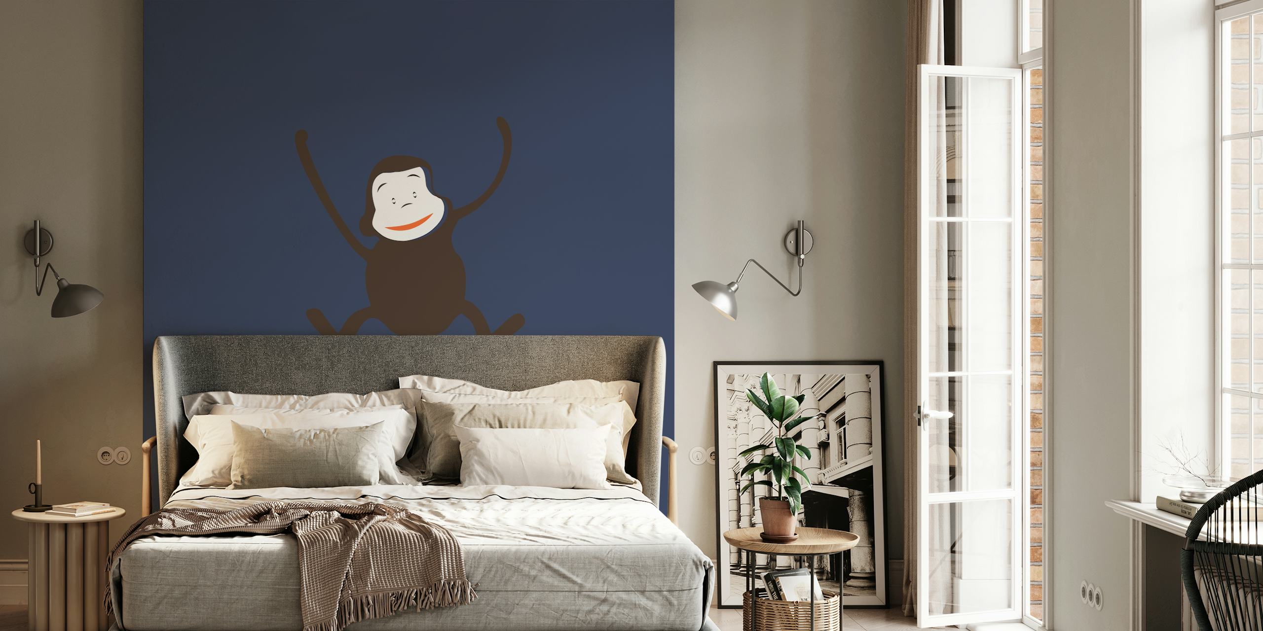 Indigo blue monkey character on dark blue background wallpaper