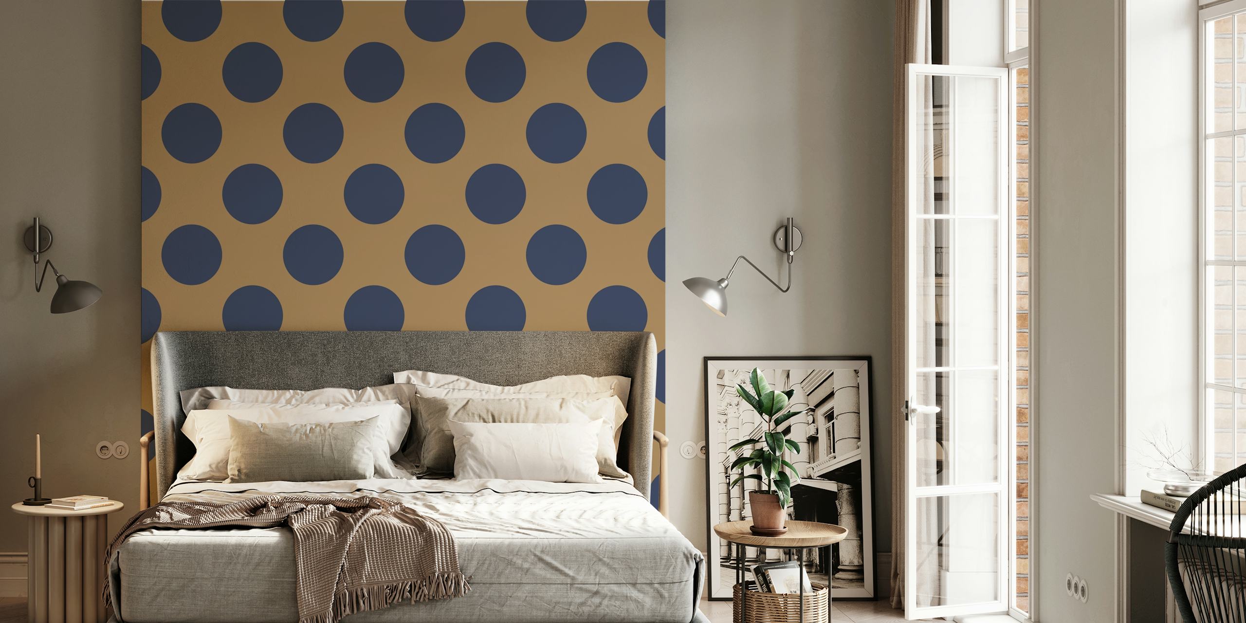 Dark blue polka dots on mocha brown background wallpaper