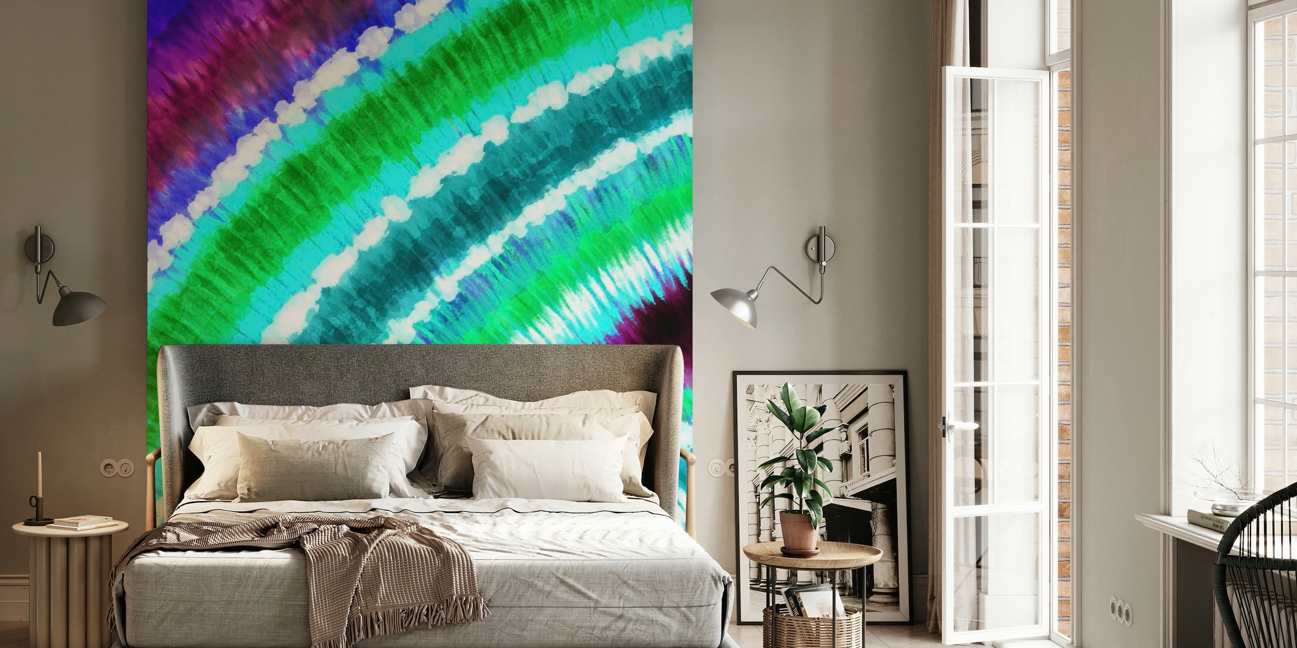 Colorful tie-dye wall mural with swirls of blue, purple, and green