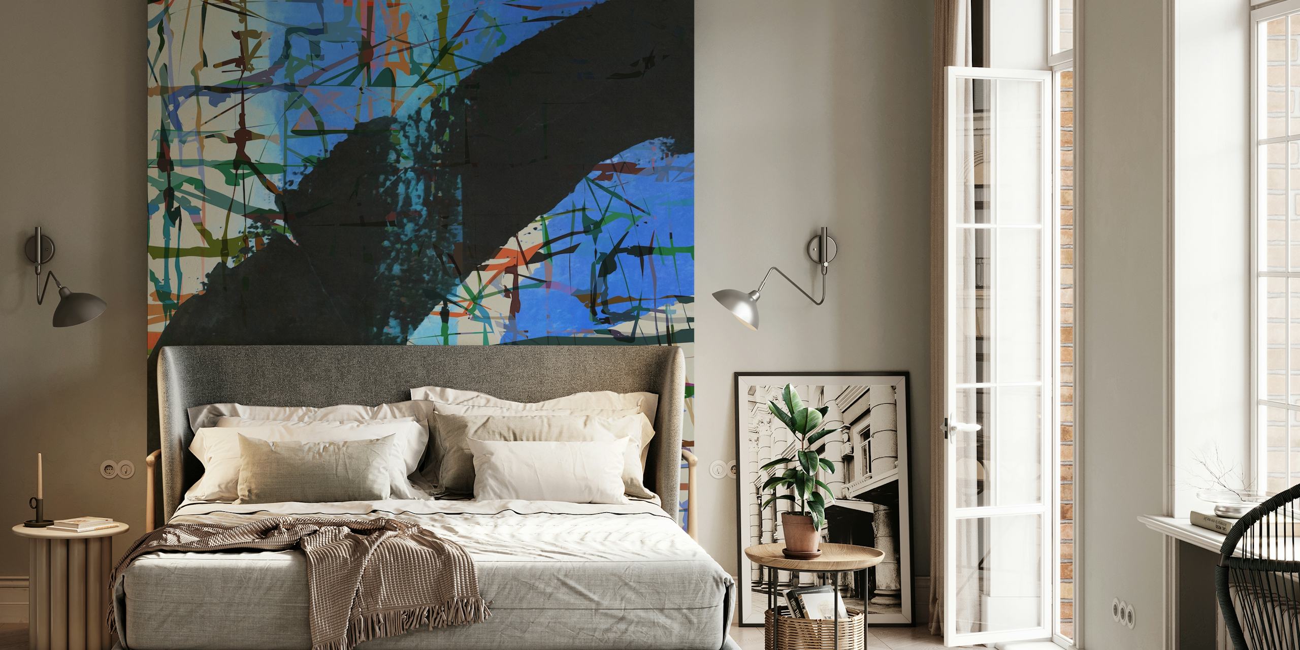Colorful abstract brush strokes in blue and black wallpaper