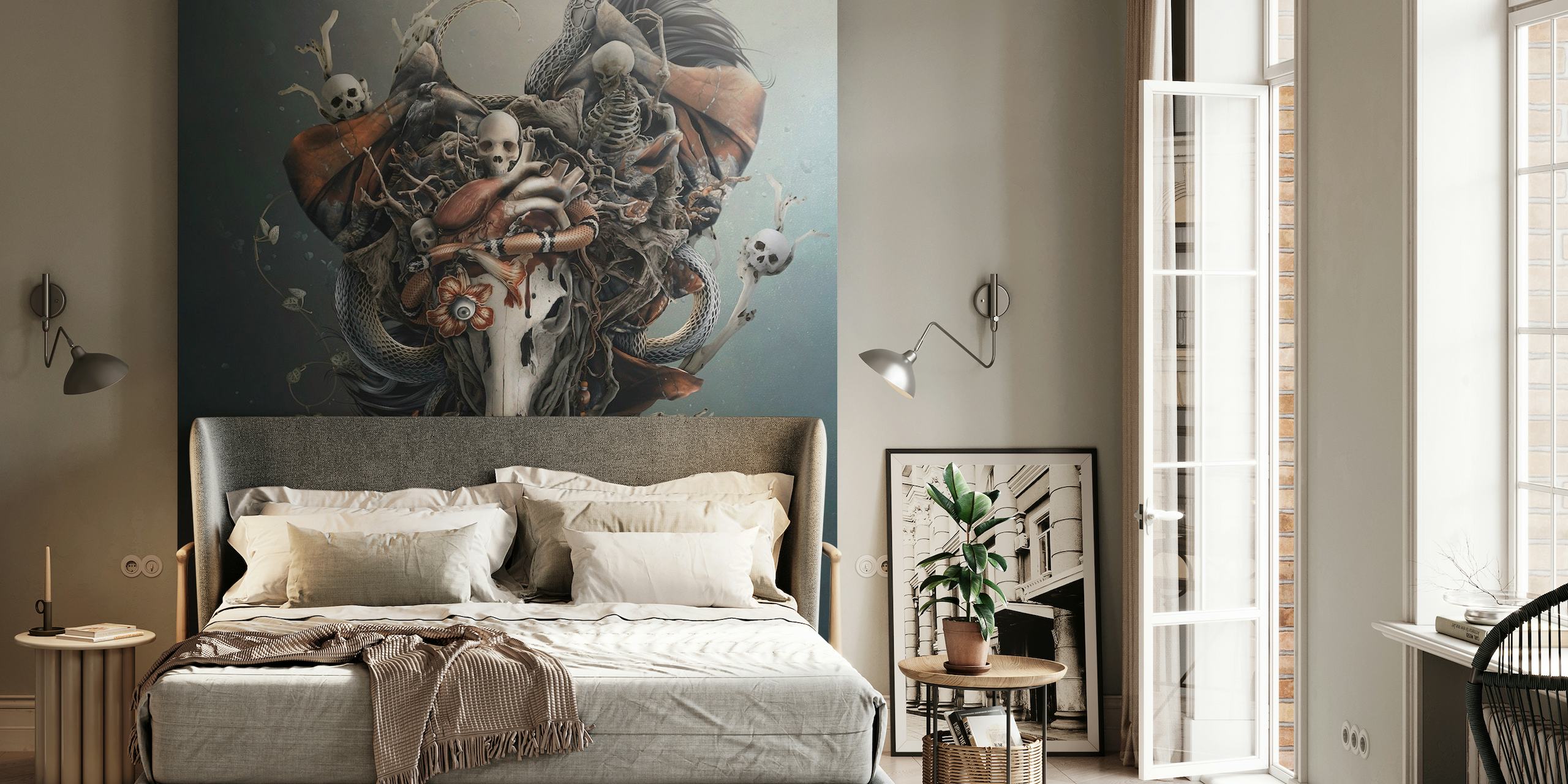 Mystical deer skull wall mural with flowers and feathers