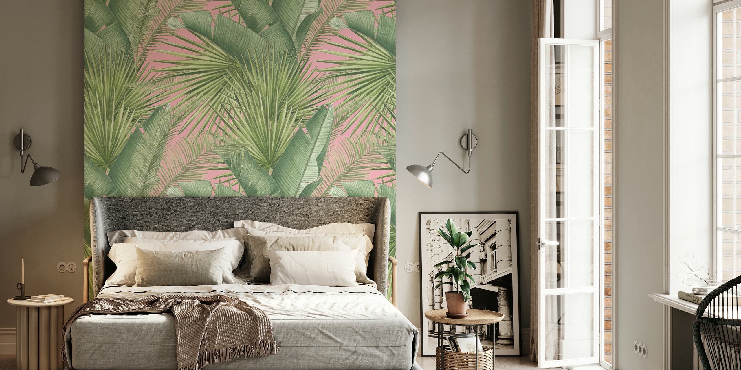 Pink and Green Botanical tapet i et rum
